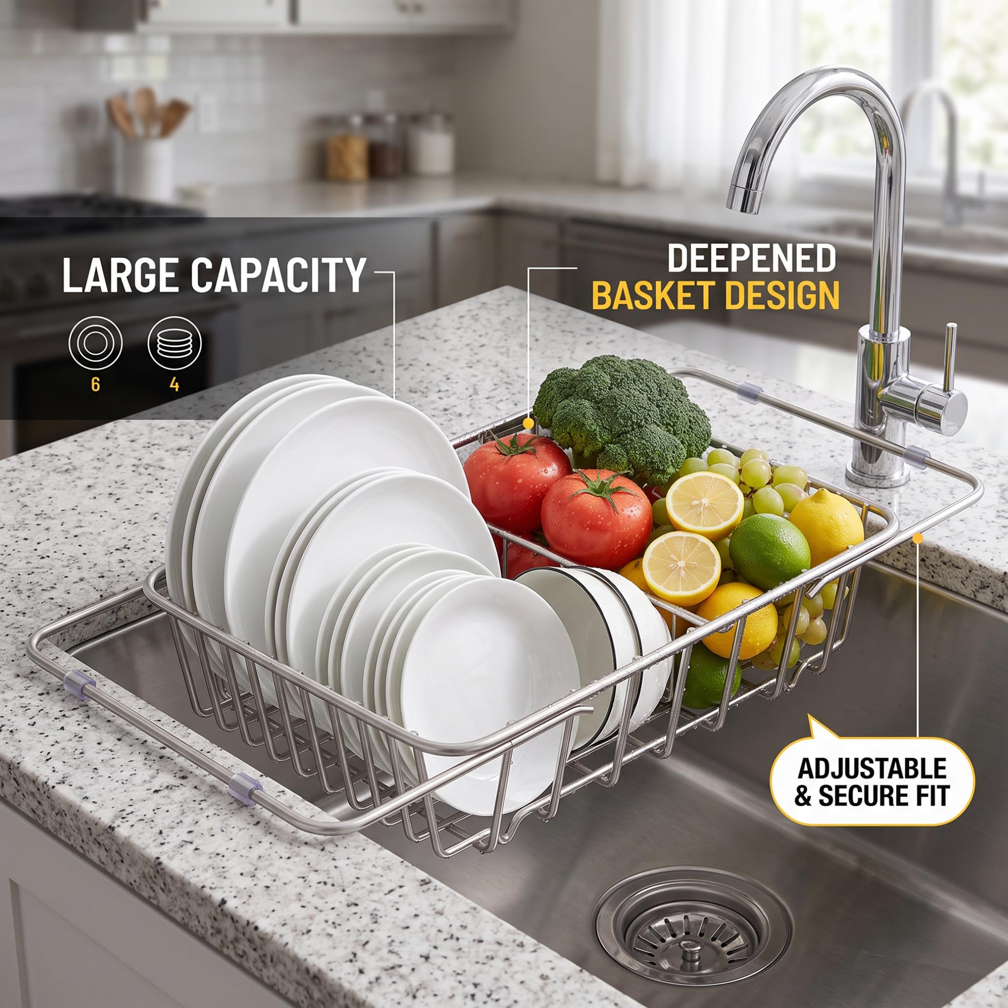 Estante para Platos para Fregadero, Estante para secar Platos expandible de Gran Capacidad en el Fregadero