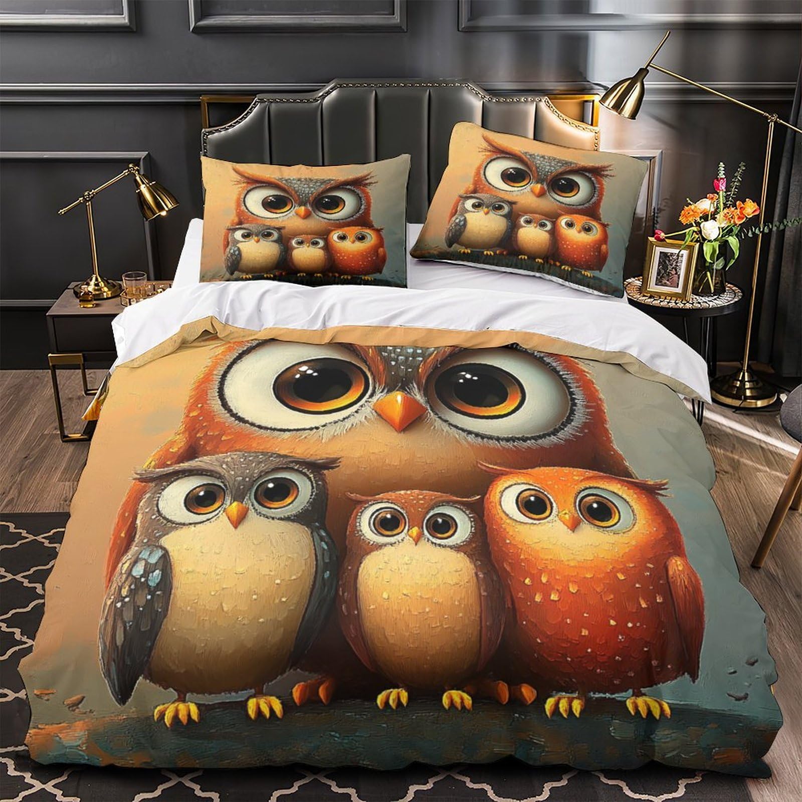 Drap de Couette Microfibre 3D Famille Hiboux avec Fermeture Éclair Invisible King Size