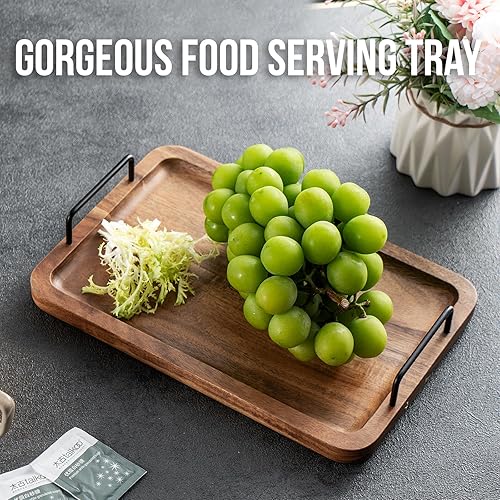 Miniatura 7 de James.F - Bandeja otomana para servir mesa de café, tablas de servir charcutería con asas, bandejas grandes de madera de acacia y platos