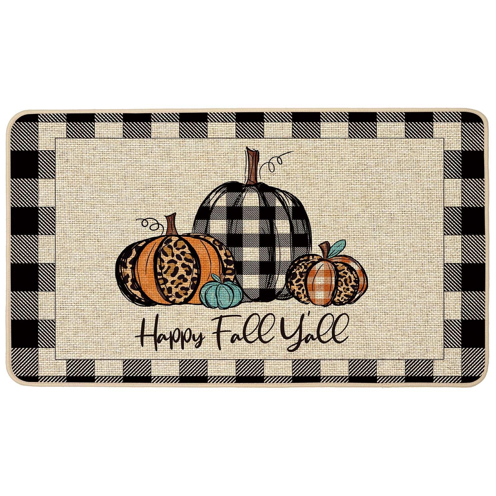 Happy Fall Y'all Doormat Fall Low Profile Front Mat Buffalo Check Plaid Pumpkin Door Mats Entrance Non Slip Autumn Rugs Kitchen Floor for Home Patio Indoor Outdoor Decor, Black 17x29 Inch