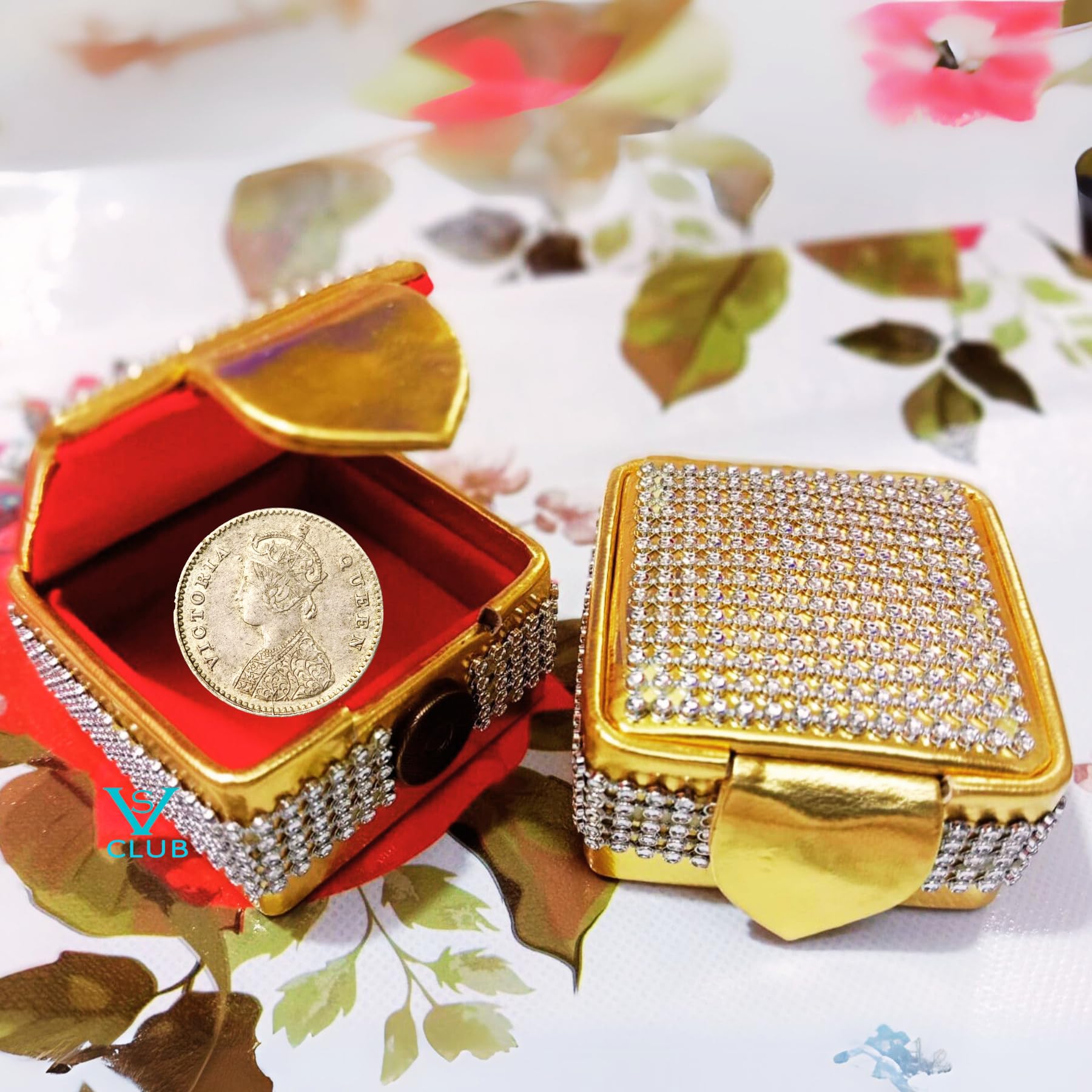 VS Club 2Pcs. Elegant Decorative Gold-Silver Coin Box, Ring Box, Elaichi Gifting | 10gm Sikka Dabbi Empty - Perfect for Shagun Engagements, Weddings, Anniversary | Return Gift Packing (Pack of 2)
