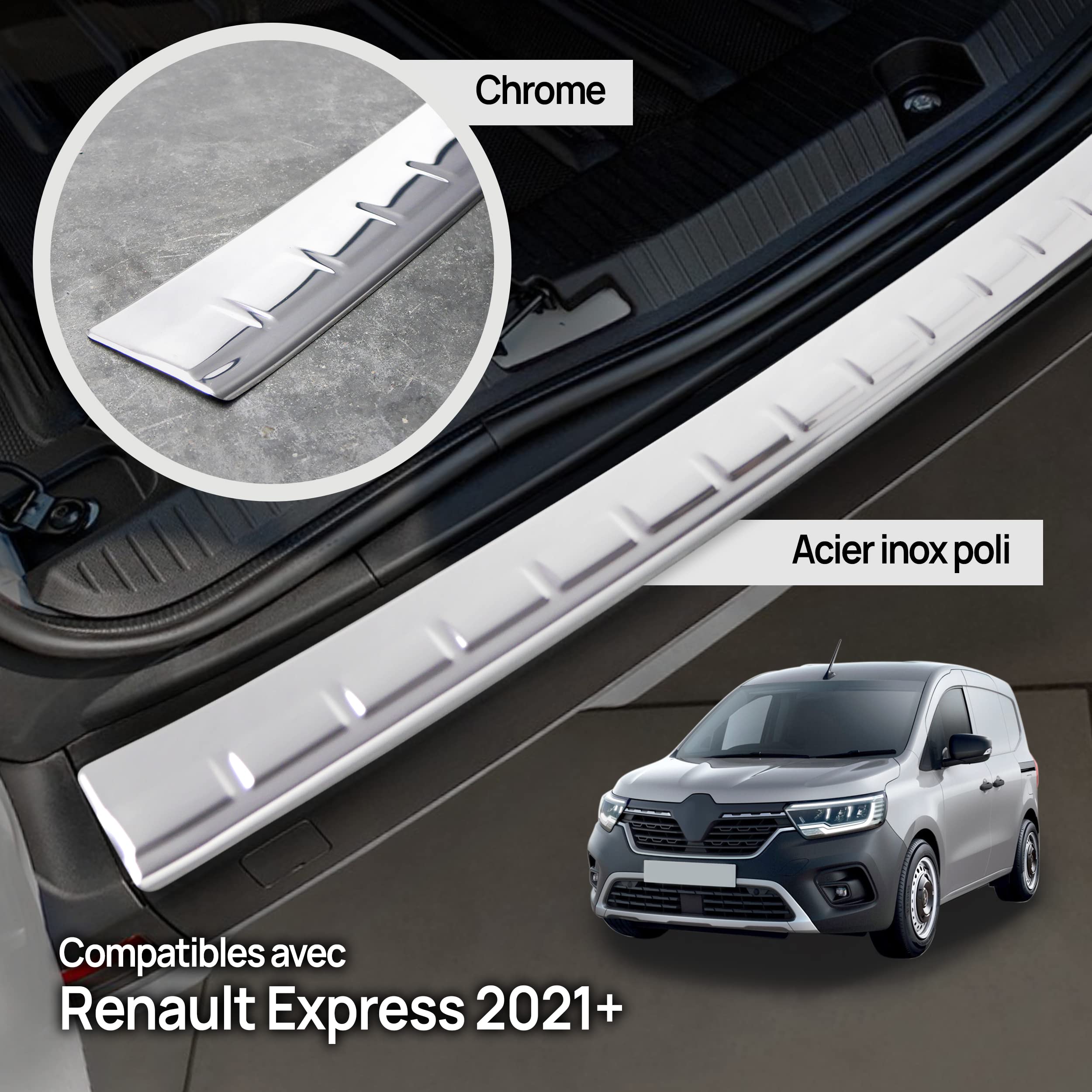 CHROMEMASTER Protection Pare-Chocs Arrière Renault Express 2021- - Bande Seuil Coffre Acier Inox Brossé