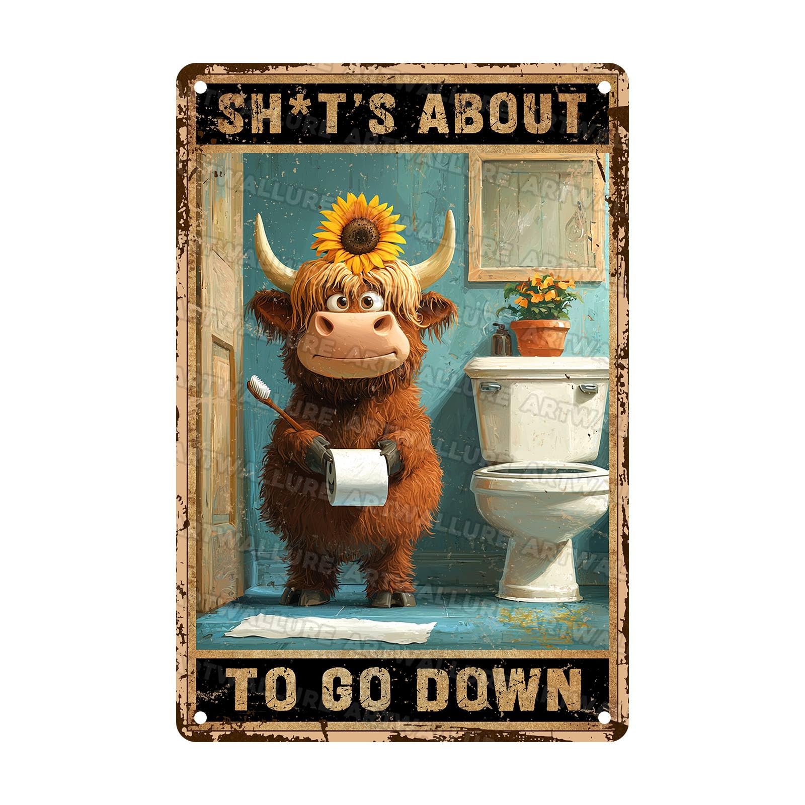 Highland Cattle Sign for Home Bathroom Wall Decor Vintage Metal Sign Bathroom Toilet Restroom Wall Decorations Metal Poster 8X12Inch
