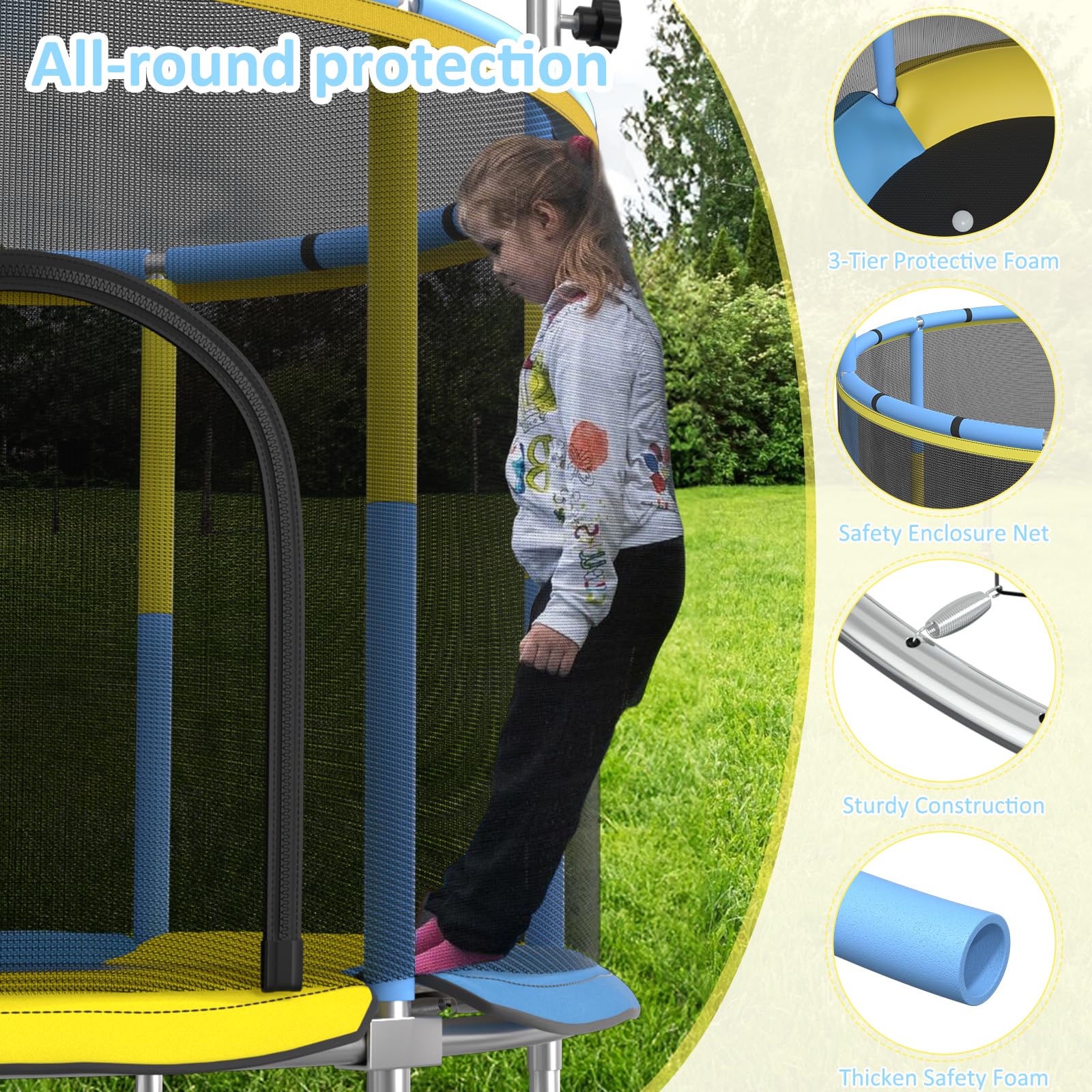 Trampolín para niños, 60 pulgadas para interiores y exteriores, con barra de gimnasia ajustable y aro de baloncesto, regalo de juguete para niños y niñas