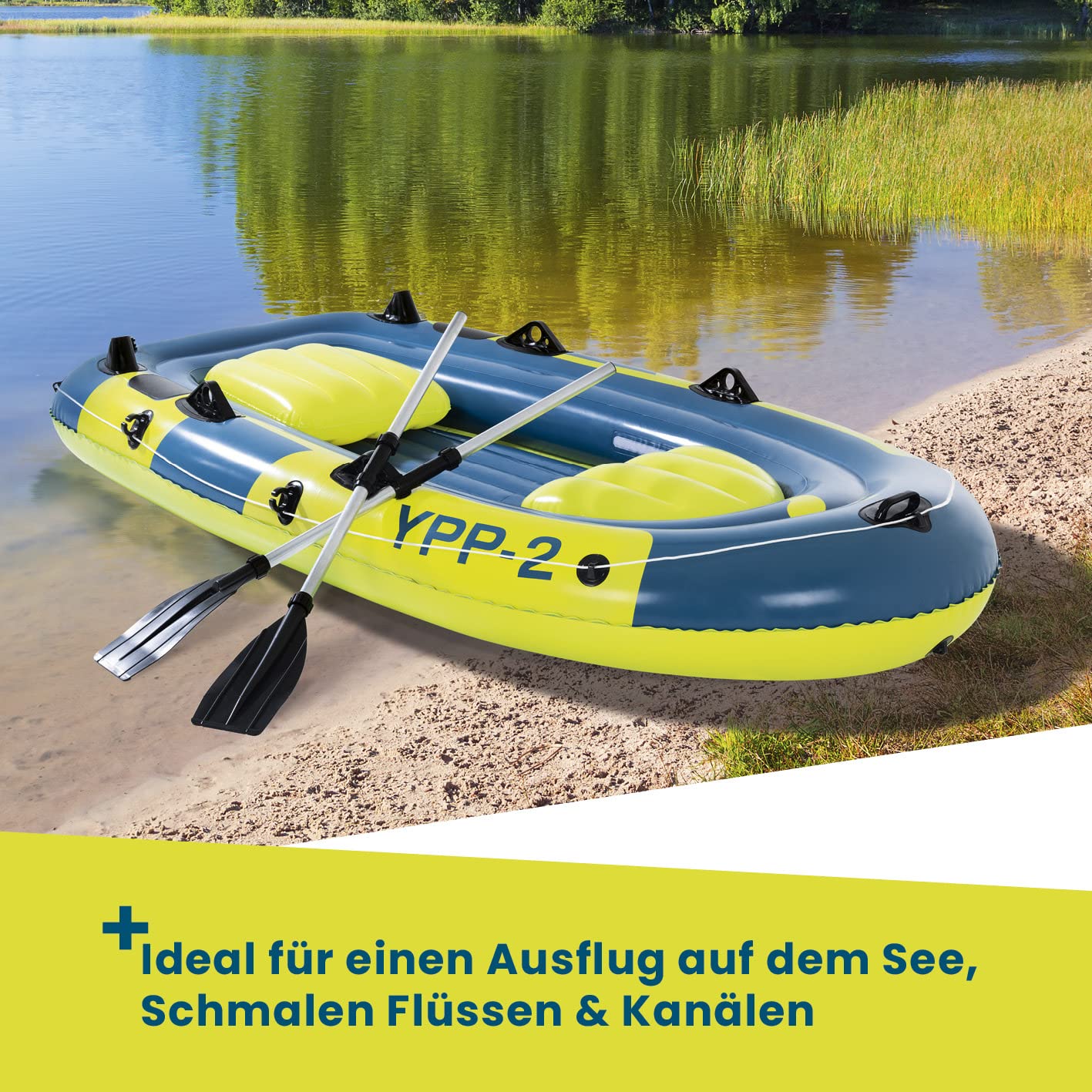 Hoberg Schlauchboot 2-Sitzer YPP-2" | Für 2 Personen | Maße 235 x 126 cm & bis 265 kg belastbar | Mit 2 Sitzbänken, 2 Paddeln, Pumpe, Reparatur-Kit, 2 Angelhalterungen & weiterem Zubehör [Blau/Gelb]