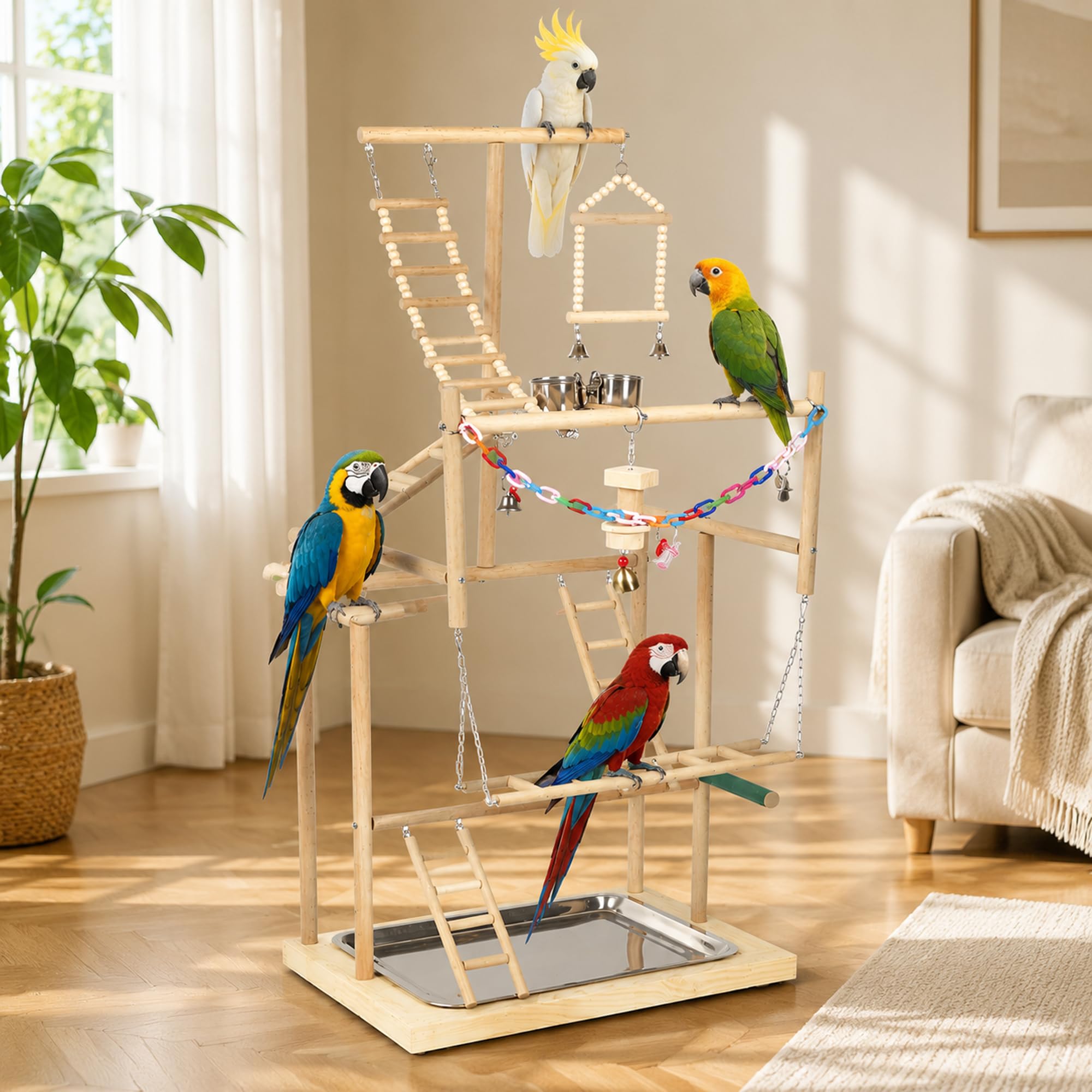 Papageienspielzeug, Ständer aus Holz mit Edelstahlnäpfen und Spielzubehör