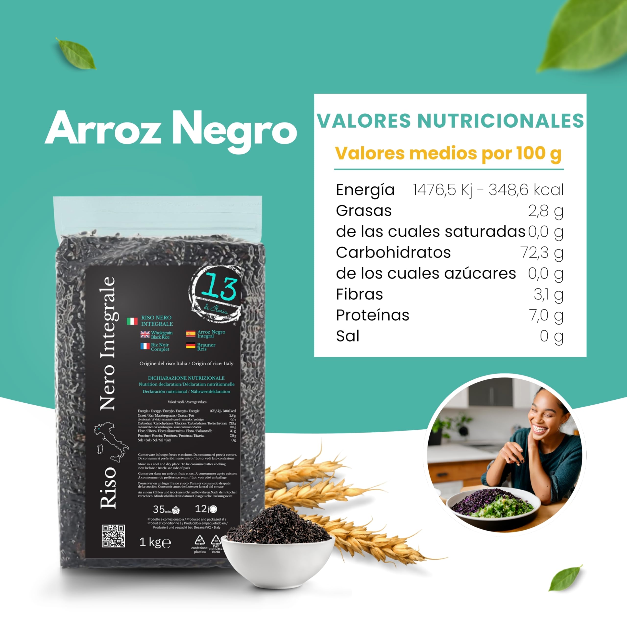 Arroz Negro Integral Italiano 6 kg (6x1 kg) – Tipo Venere – Rico en Fibra | 6 paquetes de 1 kg de arroz negro integral italiano tipo Venere, cultivado en Vercelli y naturalmente sin gluten
