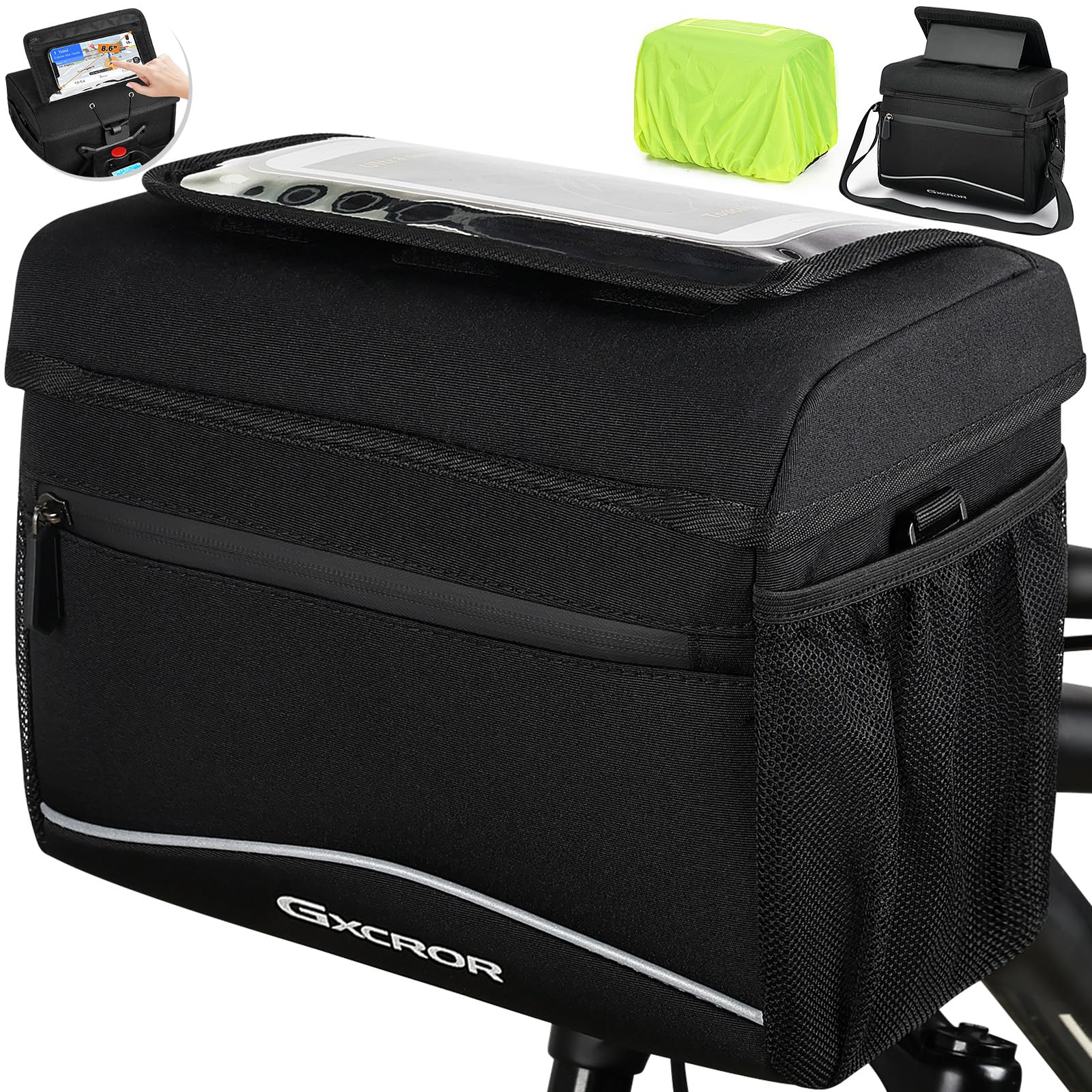 GXCROR 8L Sacoche de vélo, sacoche de guidon de vélo, sacoche de guidon, avec adaptateur de guidon, écran tactile, bandoulière, panier avant pour vélo électrique