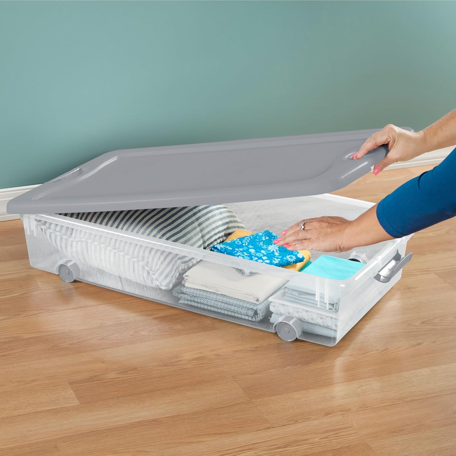 Sterilite 4-Pack 56 Quart Wheeled Latching Box, Underbed Plastic Storage Organizer, Silver - Under Bed Rolling Container Bin with Lid and Wheels for Home or Dorm Bedrooms and Closets