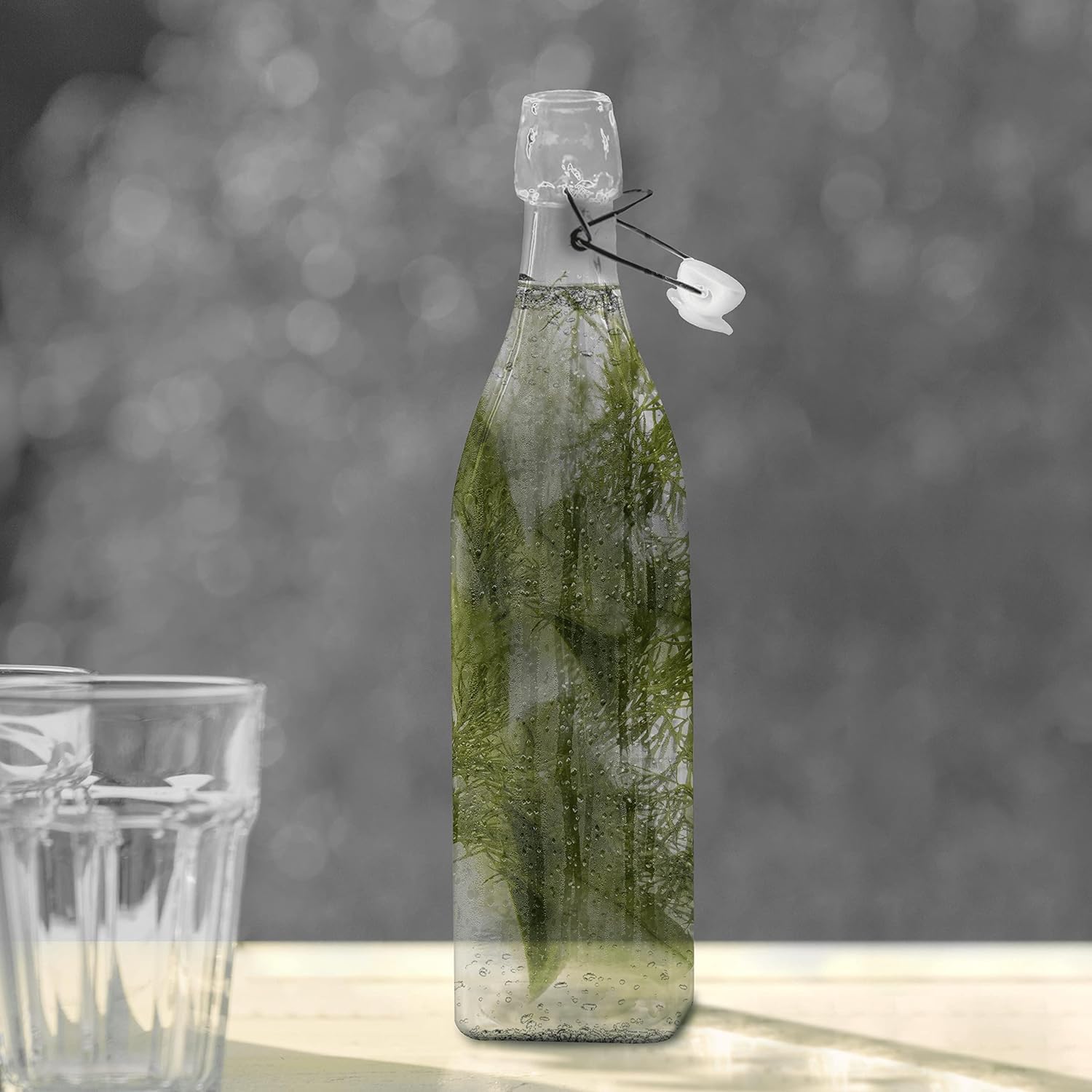 DISCOUNT PROMOS Square Glass Water Carafe Bottles with Wire Lids 34 oz. Set of 10, Bulk Pack - Perfect for Juices, Smoothies, Milk, Condiments - Clear
