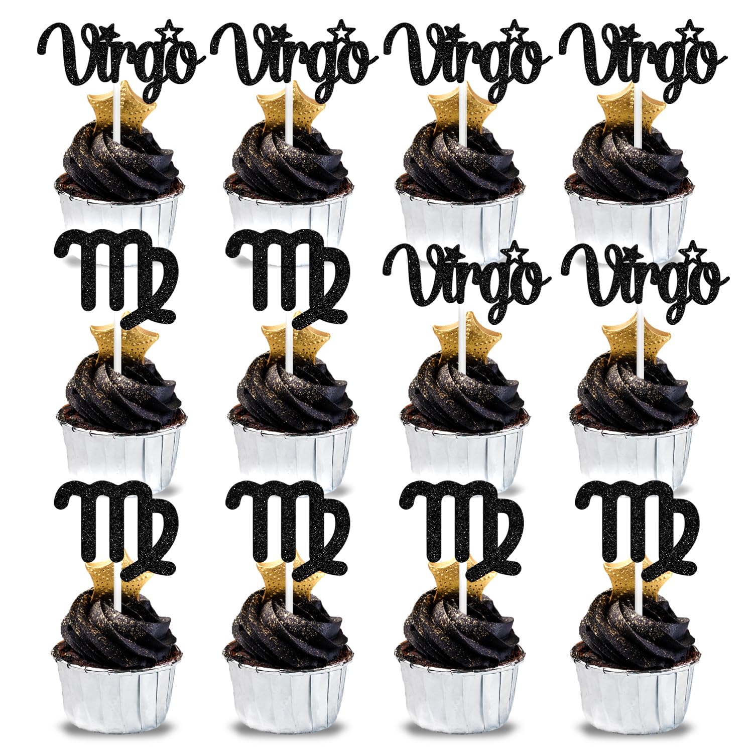 Aeryourtar12Pcs Virgo cake topper, Big Virgo Energy/Virgo Season Cake Decor, 12 constellation Virgo August September Birthday Cupcake Decoration, Horoscope Astrology Birthday Party Supplies, Black Glitter
