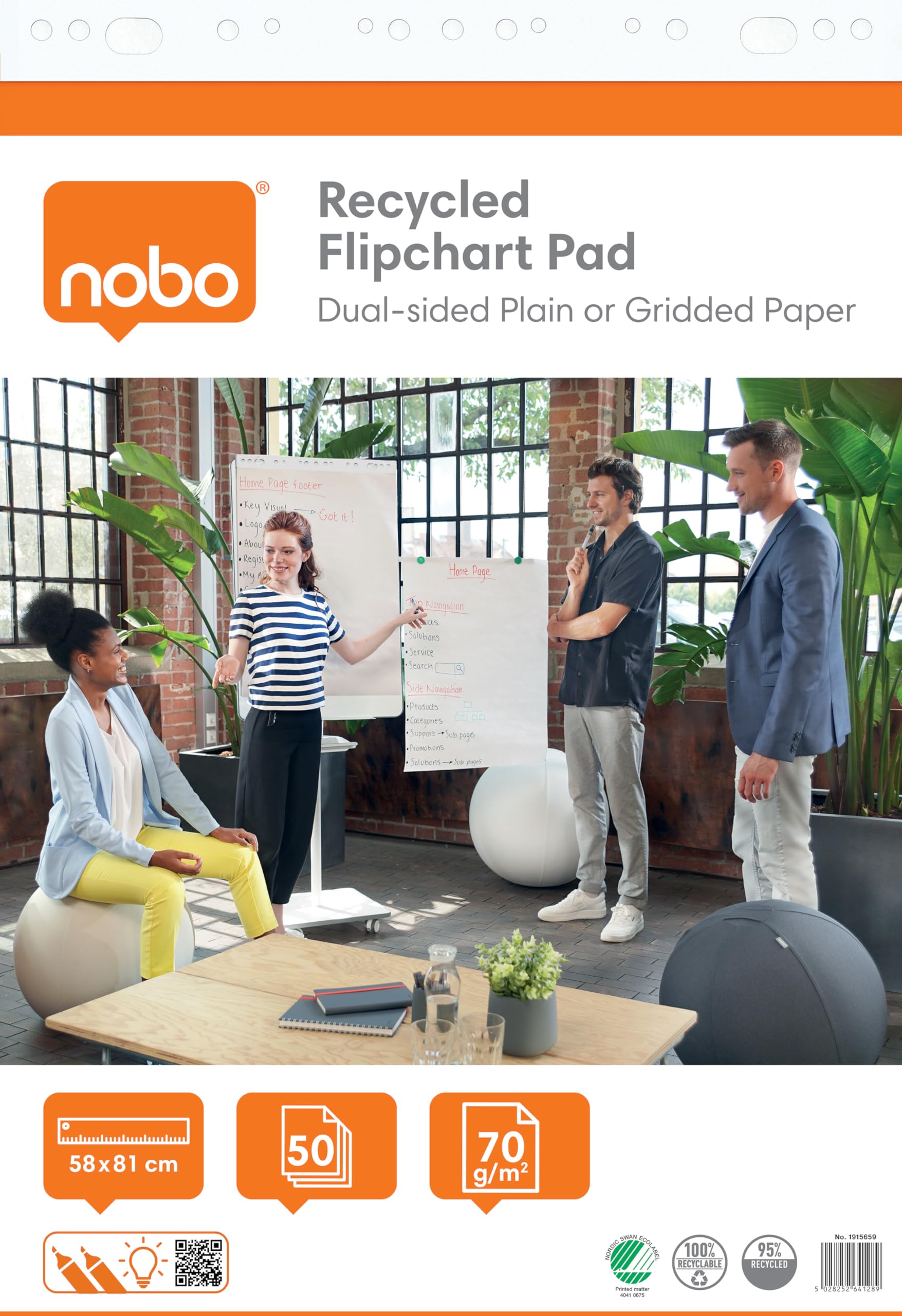 Nobo 1915659 Recycled Flipchart Pad 58x81cm Dual - Sided Plain or Gridded Paper 50 Sheets