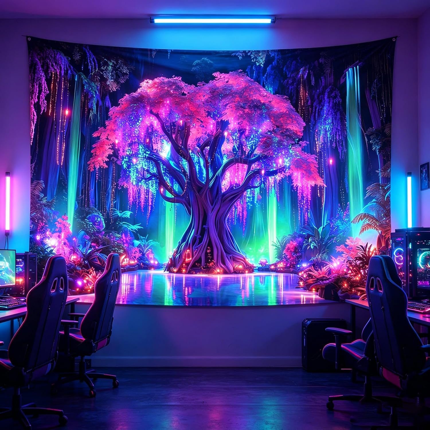 Blacklight Tree of Life Tapestry, Aesthetic Black Light Tapestries for Adults, Fantasy Fairy Forest Colorful Wall Art for Bedroom, Living Room & Party Decor (60 x 50 Inches)