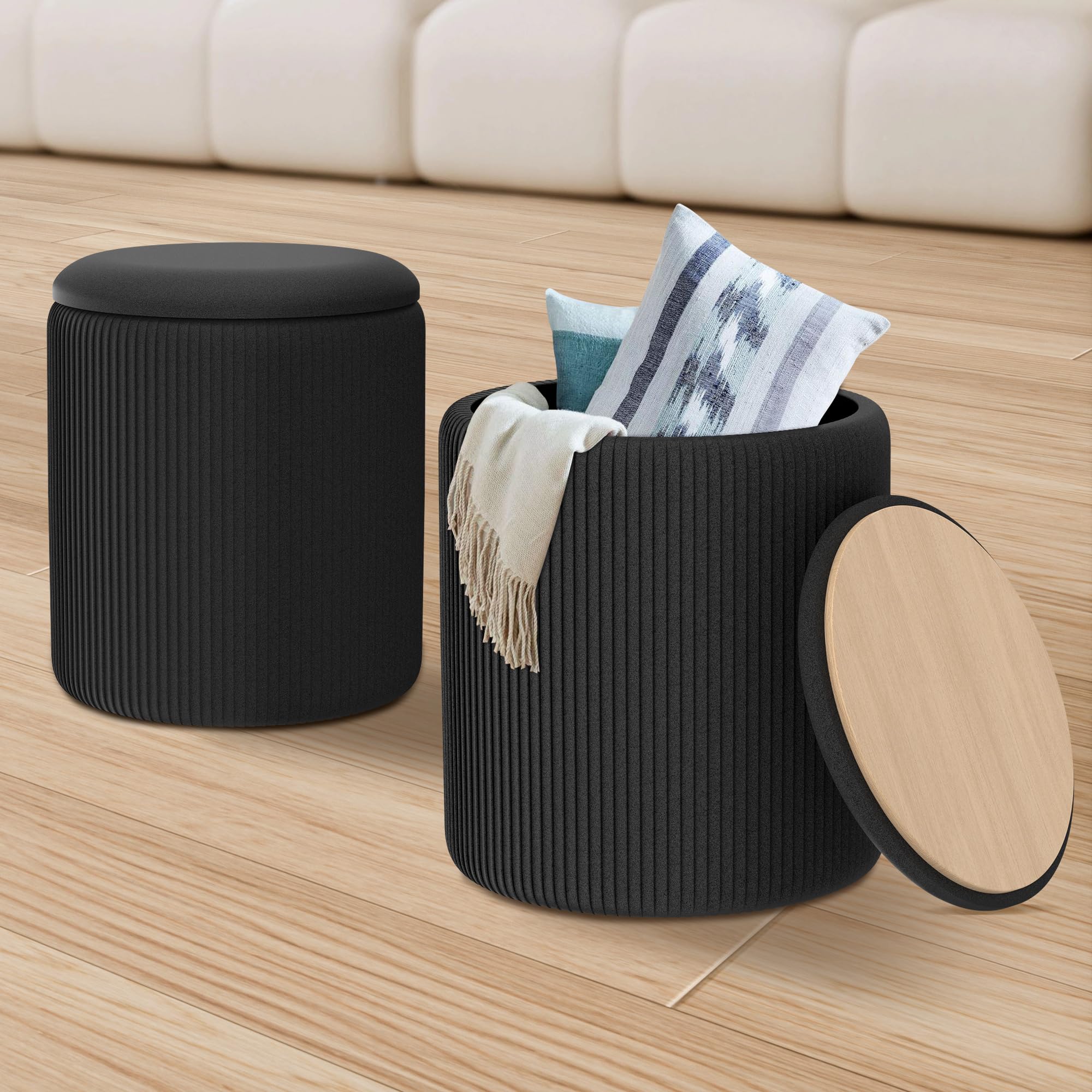 Photo 1 of 2PC Round Velvet Ottoman with Storage & Upholstered Pouf Foot Rest for Dorm, Boho Coffee Table Stools, Cute Circle Ottoman with Storage, Multifunctional Velvet Footstool for Living Room, Bedroom
