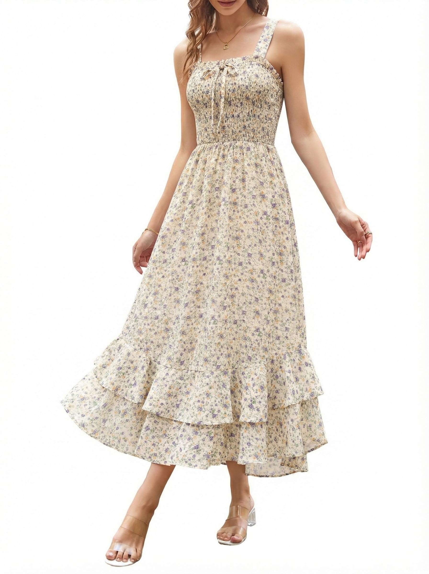 GRACE KARIN Women's 2026 Summer Floral Boho Dress Square Neck Strapped Swing A Line Sundress Beach Long Maxi Outfits