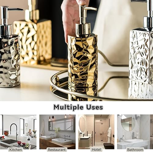 Miniatura 5 de Gets Dispensador de jabón de cerámica doradaplata, dispensador de jabón líquido de manos moderno recargable para cocina, baño (botella redonda