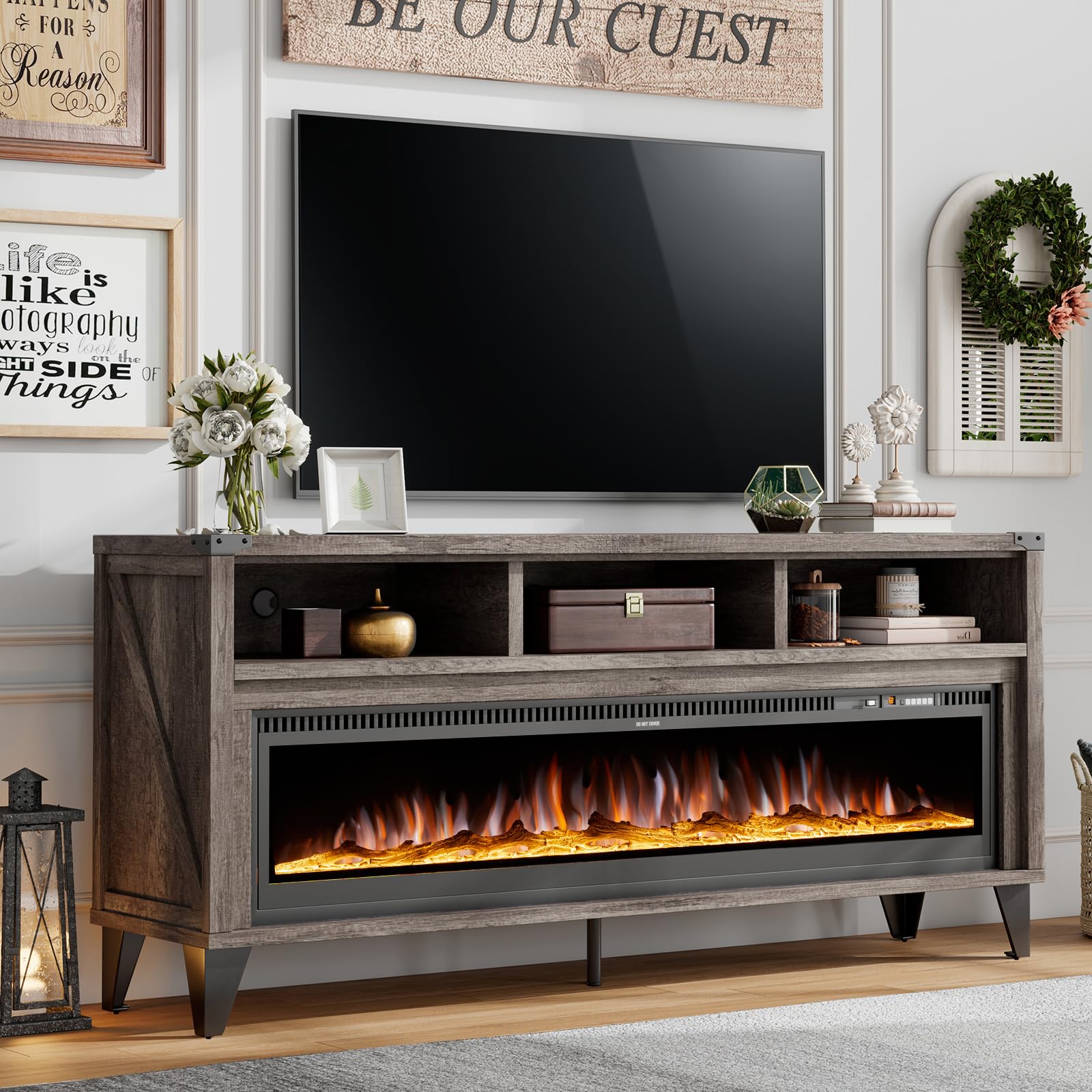 AMERLIFE 65" Fireplace TV Stand with 60" Glass Electric Fireplace, Industrial & Farmhouse Media Entertainment Center with Open Shelve Storage for TVs