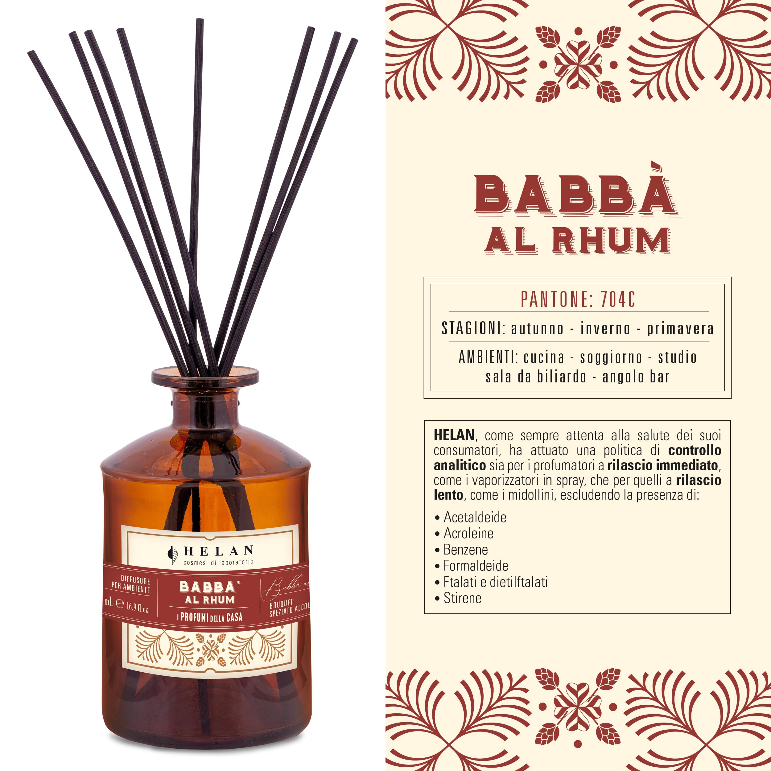 Helan Babà al Rhum odświeżacz powietrza, perfumy pokojowe z dyfuzorem w sztyfcie z gruszką, wanilią, melasą i cynamonem, pomysły na prezent, dezodorant i perfumy do pokoju, 500 ml, wyprodukowano we