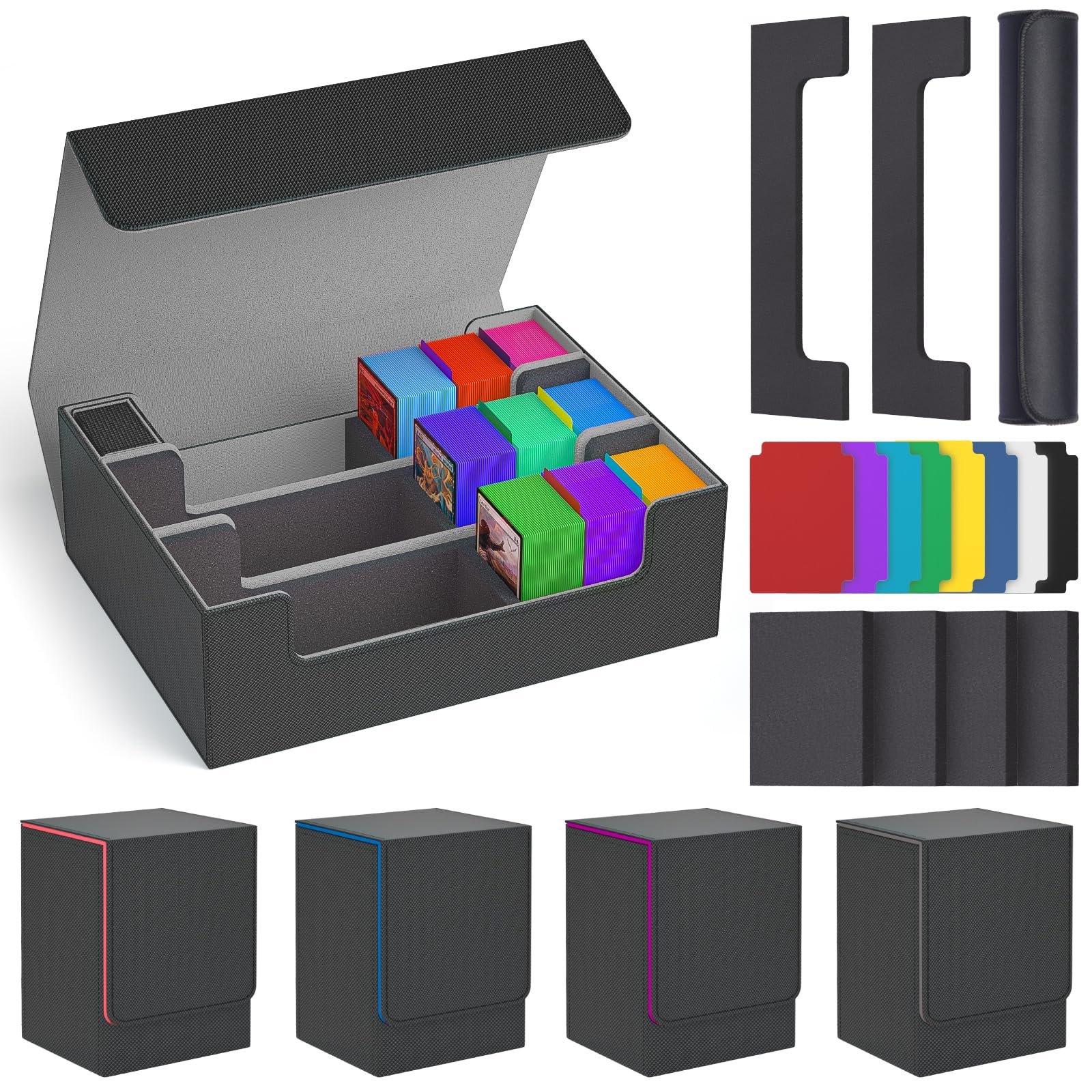 Mtg Deck Box Set, 4000+ PU Leather Strong Magnet Trading Card Storage Box, Card Case Set Include 3-Row Card Box, 4 Commander Deck Case, Playmat, Card Deck Box for TCG, MTG, CCG, YuGiOh and Sport Card