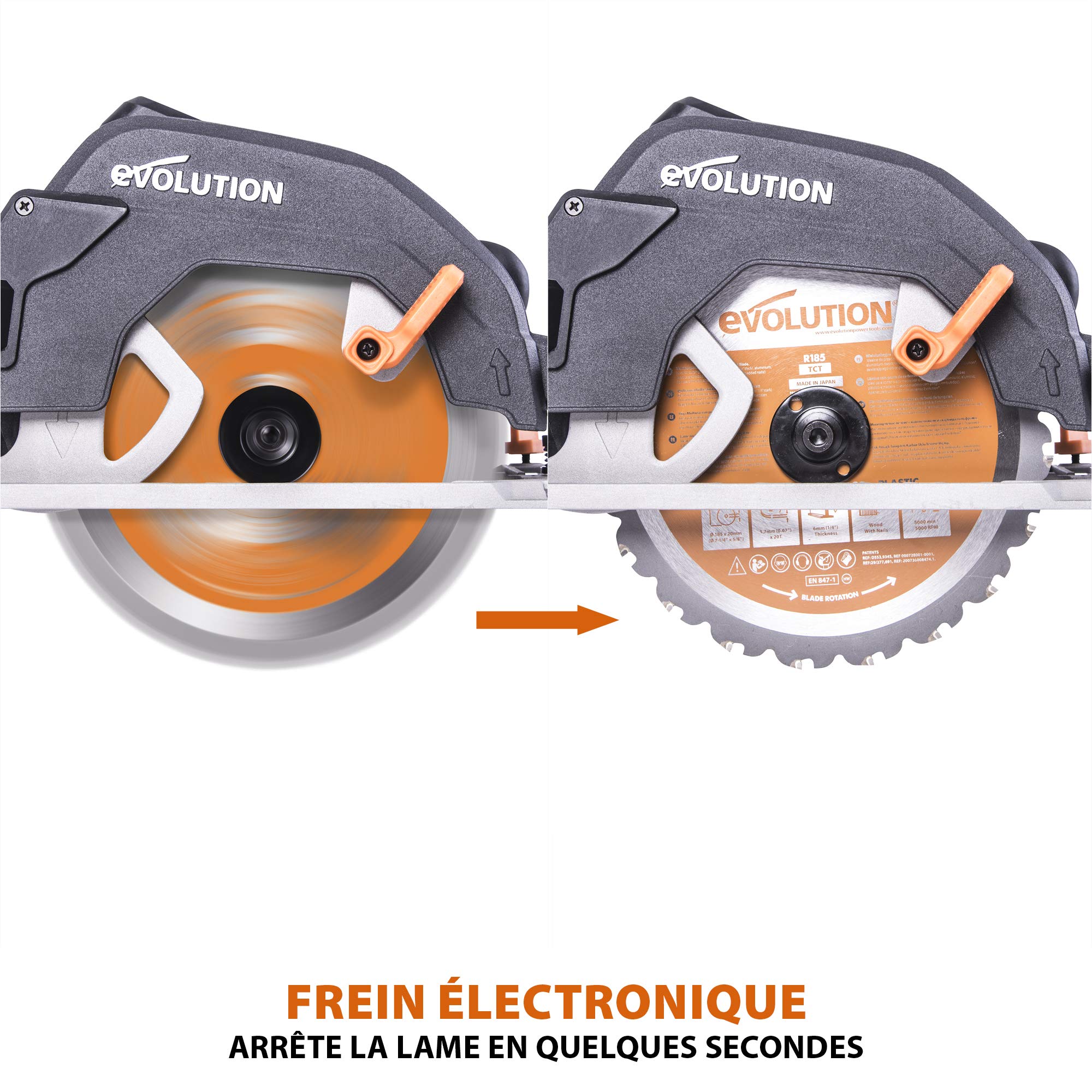 Evolution Power Tools Scie Circulaire - Coupe Multi-Matériaux - Le Bois, Le Plastique, Le Métal - Biseau 0° - 60 - Profondeur de coupe de 64 mm - Guide Parallèles - Lame Incluse 185mm - R185CCS