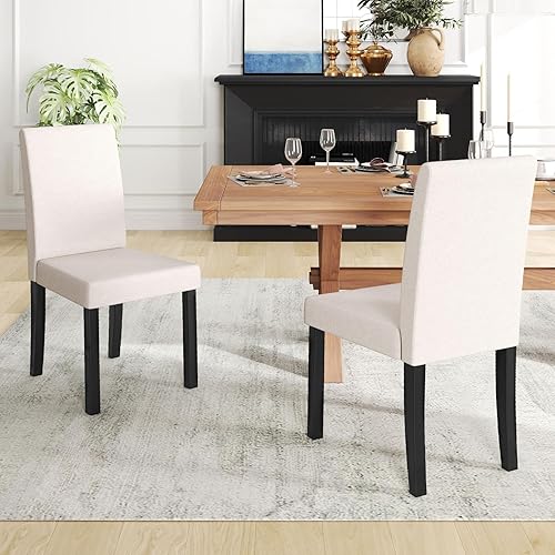 Miniatura 8 de COSTWAY Juego de 4 sillas de comedor, sillas laterales de cocina tapizadas de tela sin brazos con patas de madera de goma, asiento acolchado y