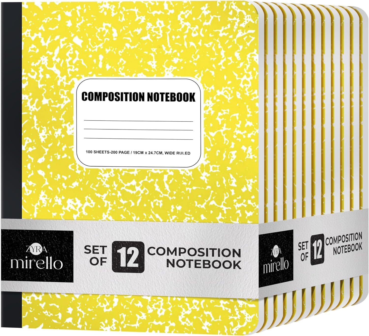 Composition Notebook 12 Pack -Wide Ruled Paper, 7-1/2" x 9-3/4", 100 Sheets (200 Pages) Each, Hard Cover Marble Notebooks for School, Office, or Home, Assorted Colors, Durable Comp Book Set_Yellow
