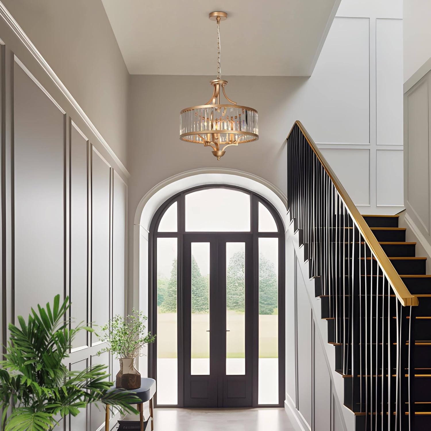 KSANA Gold Chandelier, Modern Drum Light Fixture with Crystal Glass for Dining & Living Room, Bedroom, Foyer and Kitchen