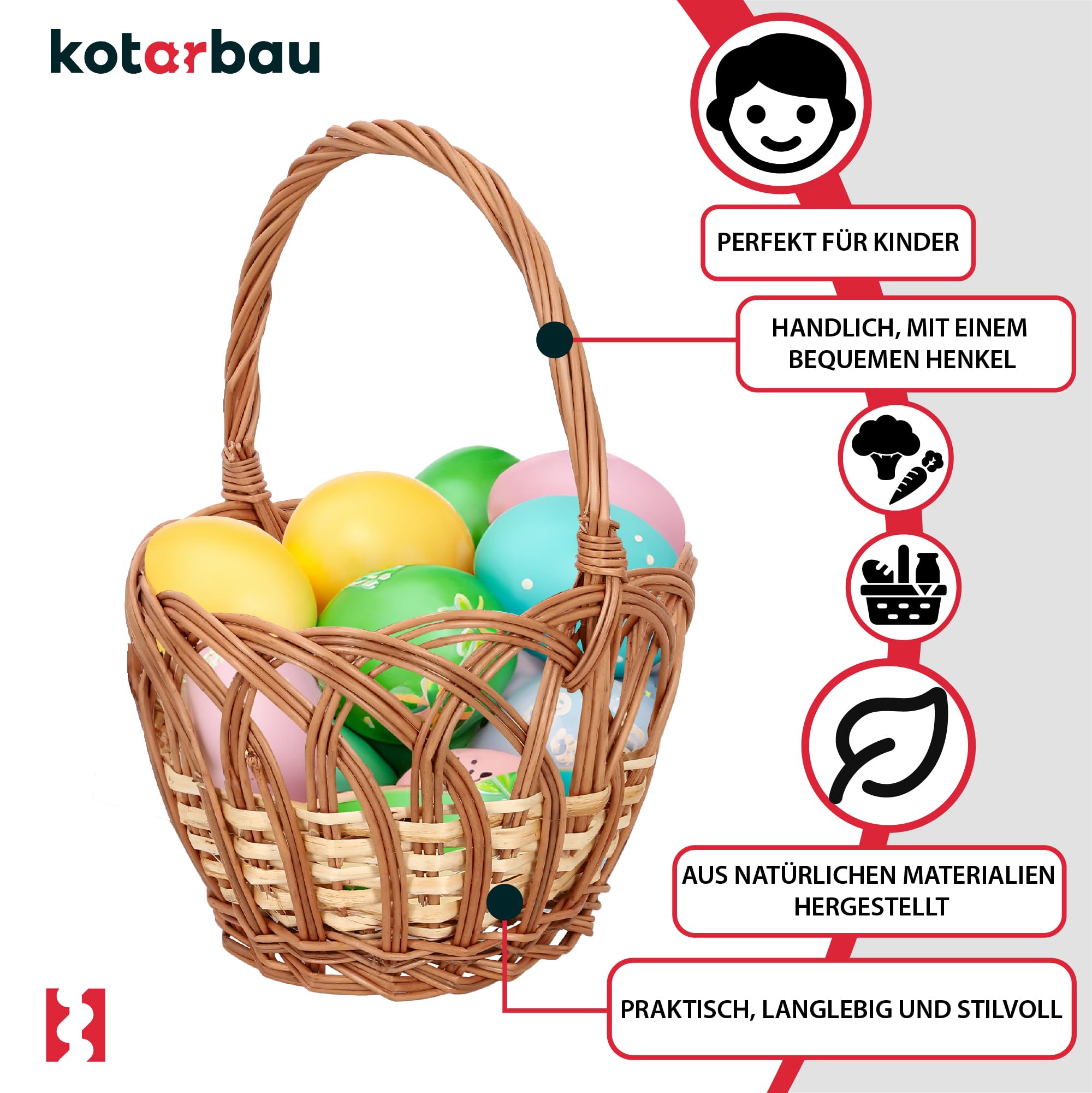 KOTARBAU Cestino per la spesa in vimini rotondo marrone naturale 250 x 170 mm con manico intrecciato in vimini per lo shopping e per picnic | Cesto decorativo per bambini