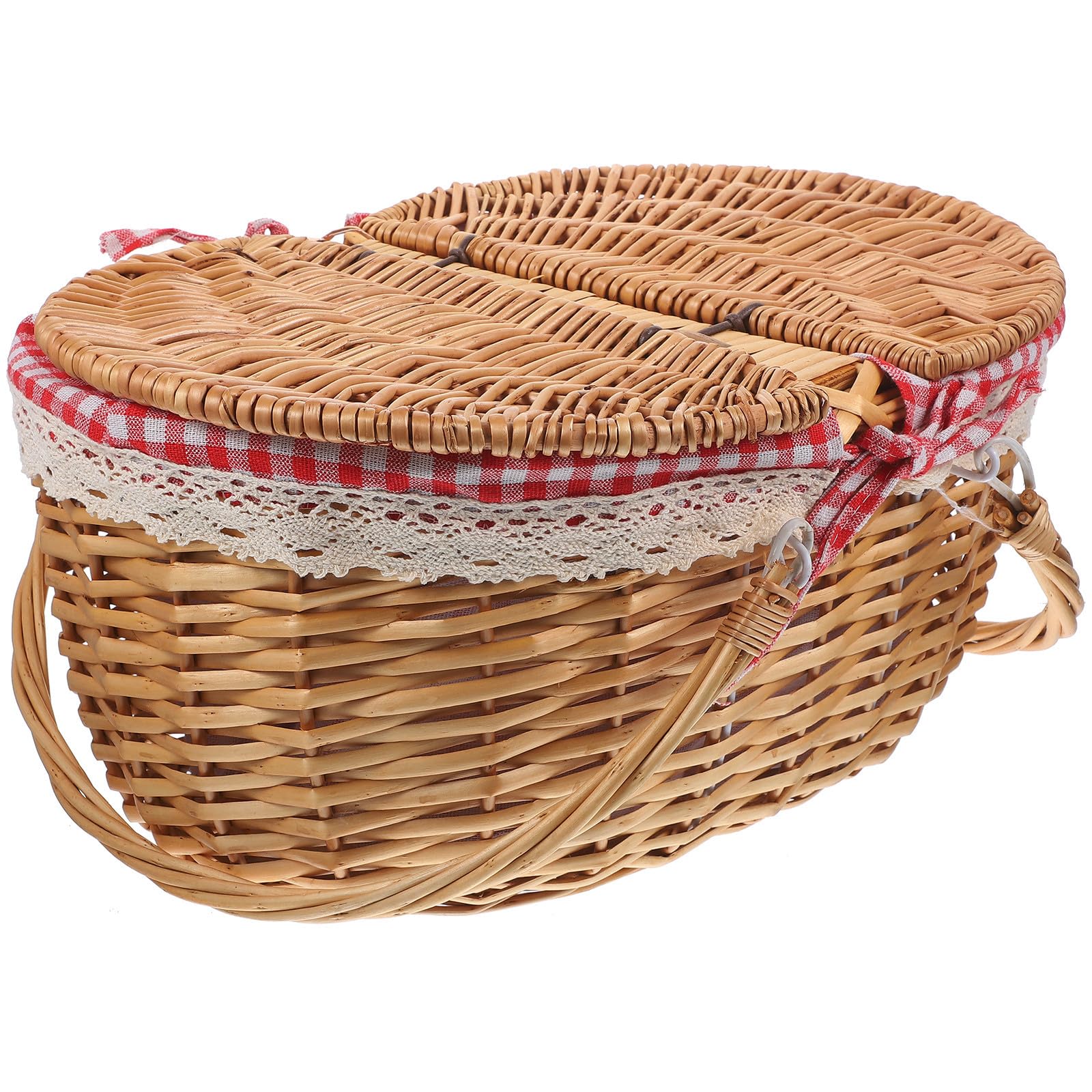 Cesta de Picnic Tejida con Tapa y Asas, Mimbre Rústico Khaki