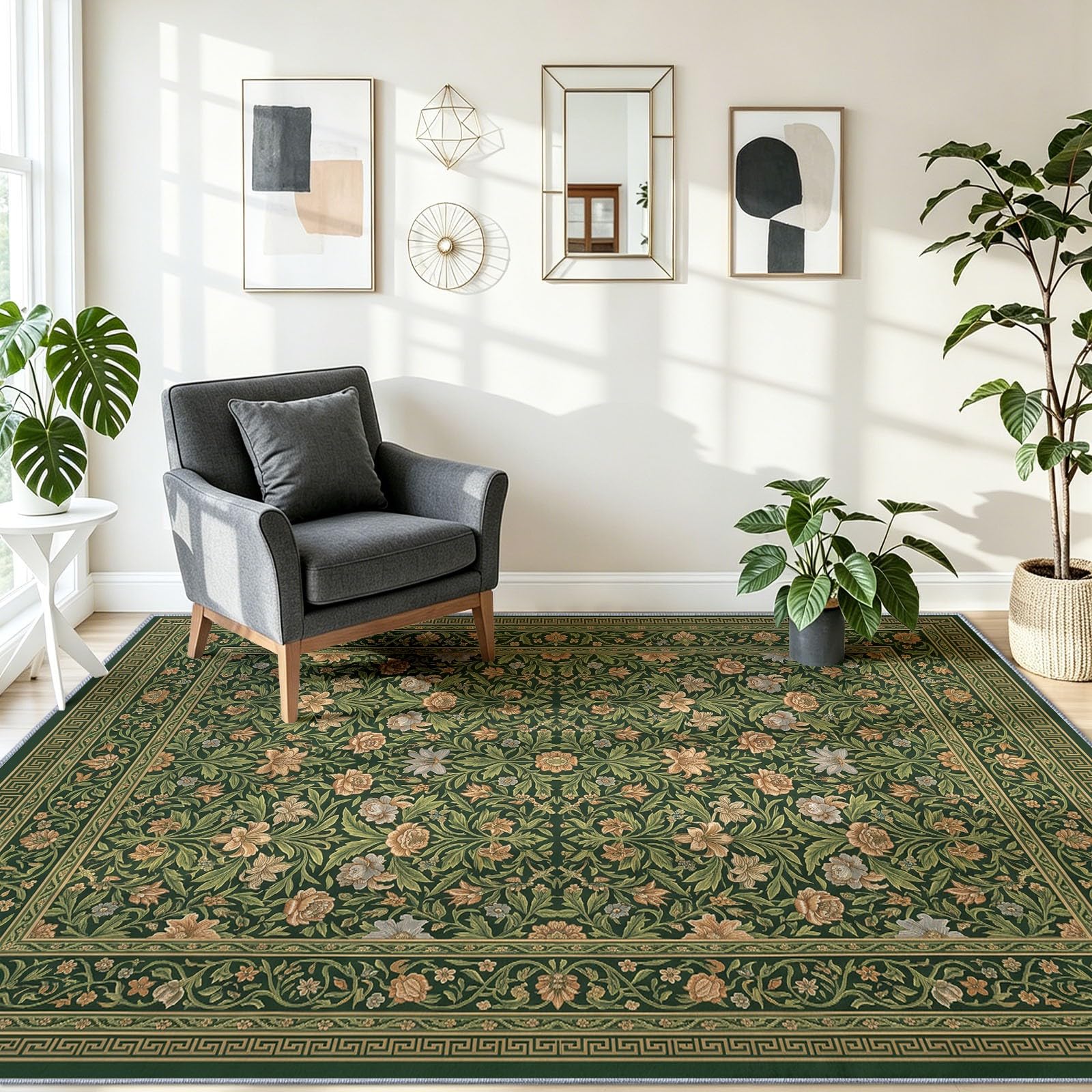 Art Deco Nature Interieur Tapis 60 x 90 cm Vert Poil Ras, AntidéRapant Tapis | Tapis Salon, Chambre Adulte Tapis,Descente de Lit, Salle a Manger, Bureau | Fleurs Feuillage Cadres Rectangulaires