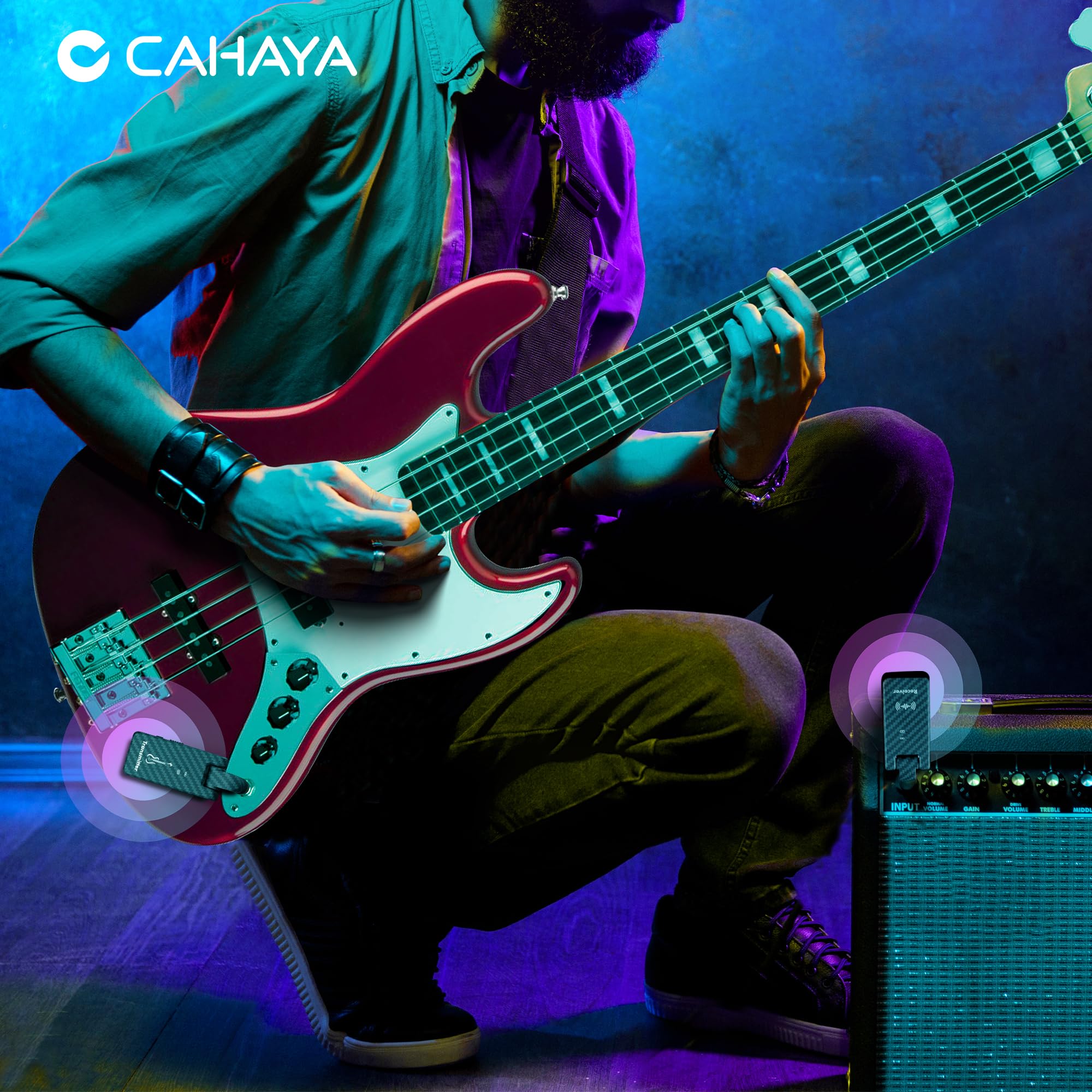 CAHAYA Sistema di Chitarra Senza Fili: Fibra di Carbonio con Custodia di Ricarica - Trasmettitore e Ricevitore per Chitarra Senza Fili 2,4 GHz Plug-and-Play Raggio d'Azione Esterno di 30 m - 4 Canali