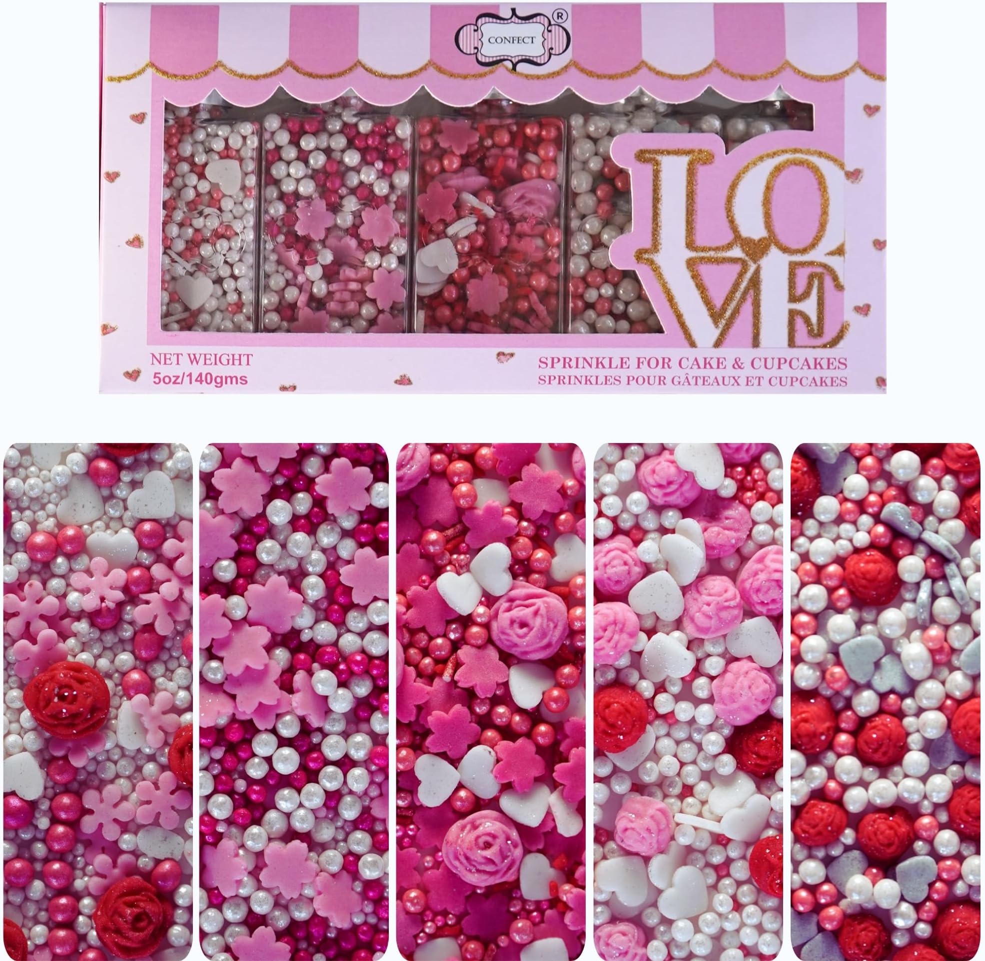 Confect Sprinkle Pink Mini Roses & Lips I Silver Hearts & Vermcelli and White Pearls | Sprinkles for Baking & Cake Decorative | Baby Shower Sprinkles | Vegan, Gluten-Free, Nut-Free, Soy-Free, Dairy-Free -140 Gms