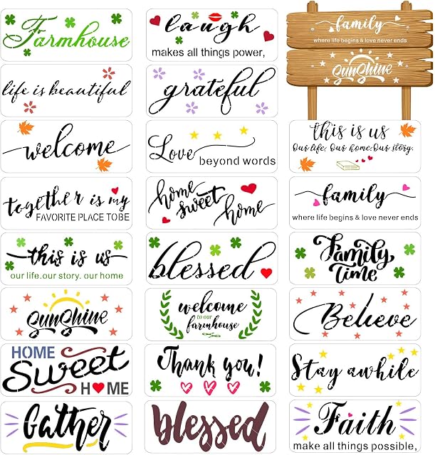 VETPW 22 Pcs Word Stencils, Inspirational Quote Stencil Drawing Painting Template Craft Set, Reusable Shapes Word Stencils Scale Templates for Wood, Floors, Window, Furniture, Wall Design, 25x10CM