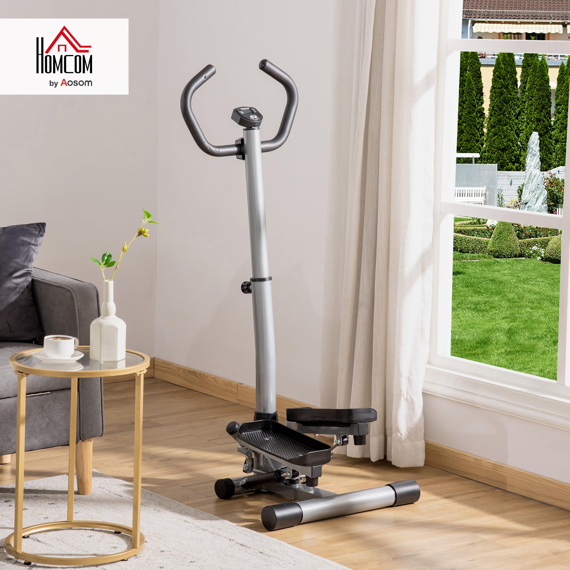 HOMCOM Stepper mit Handgriff Heimtrainer für Zuhause Kompakt Fitnessgerät für Bein- und Po-Training mit LCD-Display verstellbare Geschwindigkeit Metall ABS 55 x 53 x 118-128 cm