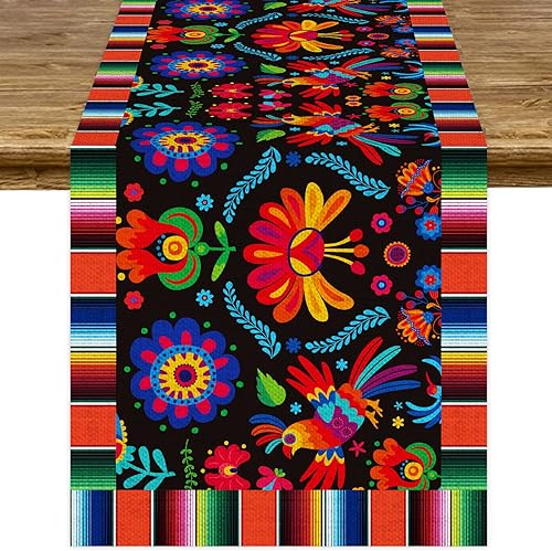 6pcs Linen Mexican Fiesta Table Runner Decoration 72×13inch Long Cinco De Mayo Dia De Los Muertos Runners Farmhouse Runner Day of The Dead Decor and