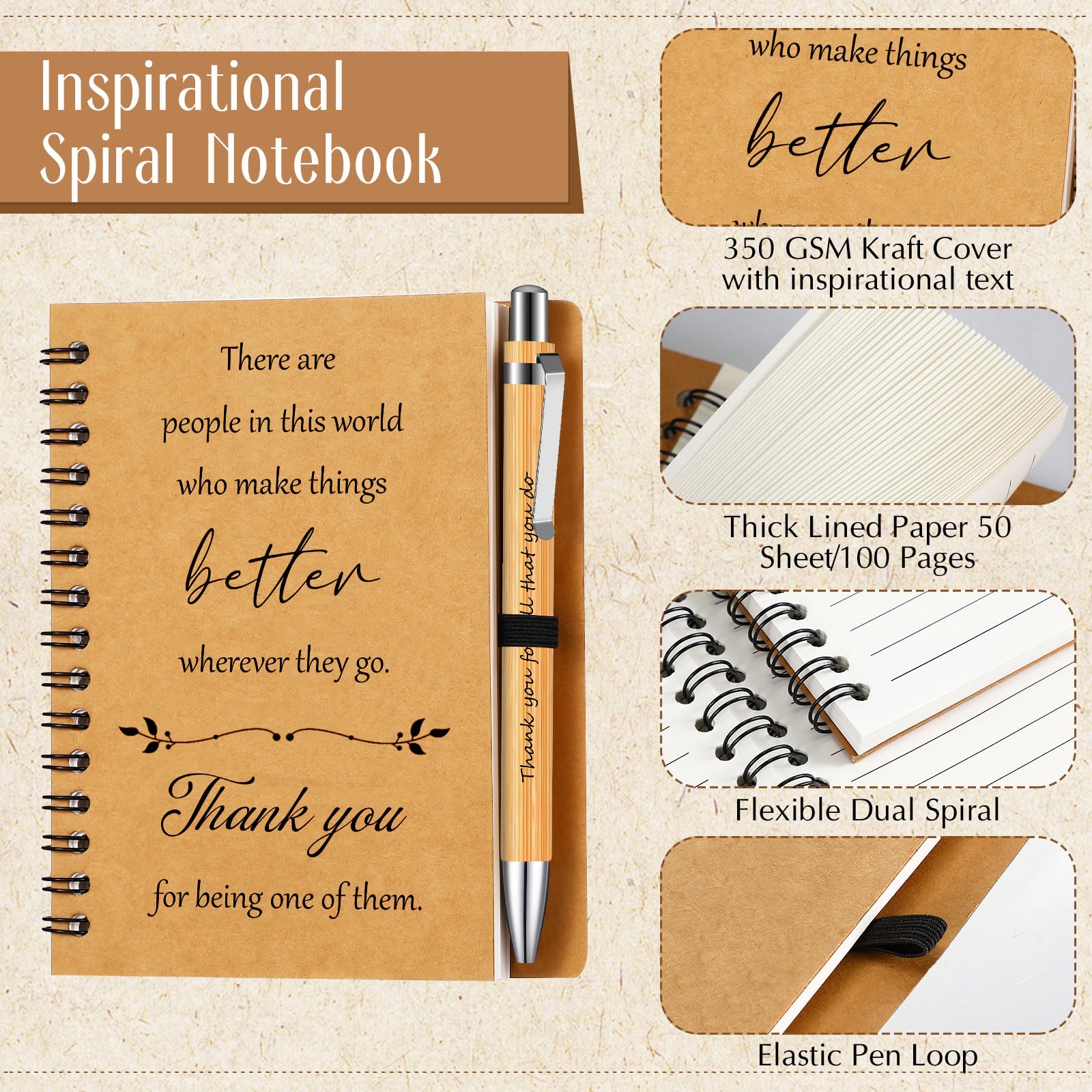 Dianelhall 2 Pcs Thank You Gift for Colleagues Women Leaving Present Teacher Inspirational Notebook Ballpoint Pen Kraft Lined Notepad Employee Appreciation Gifts for Coworker Volunteer Christmas - Image 3