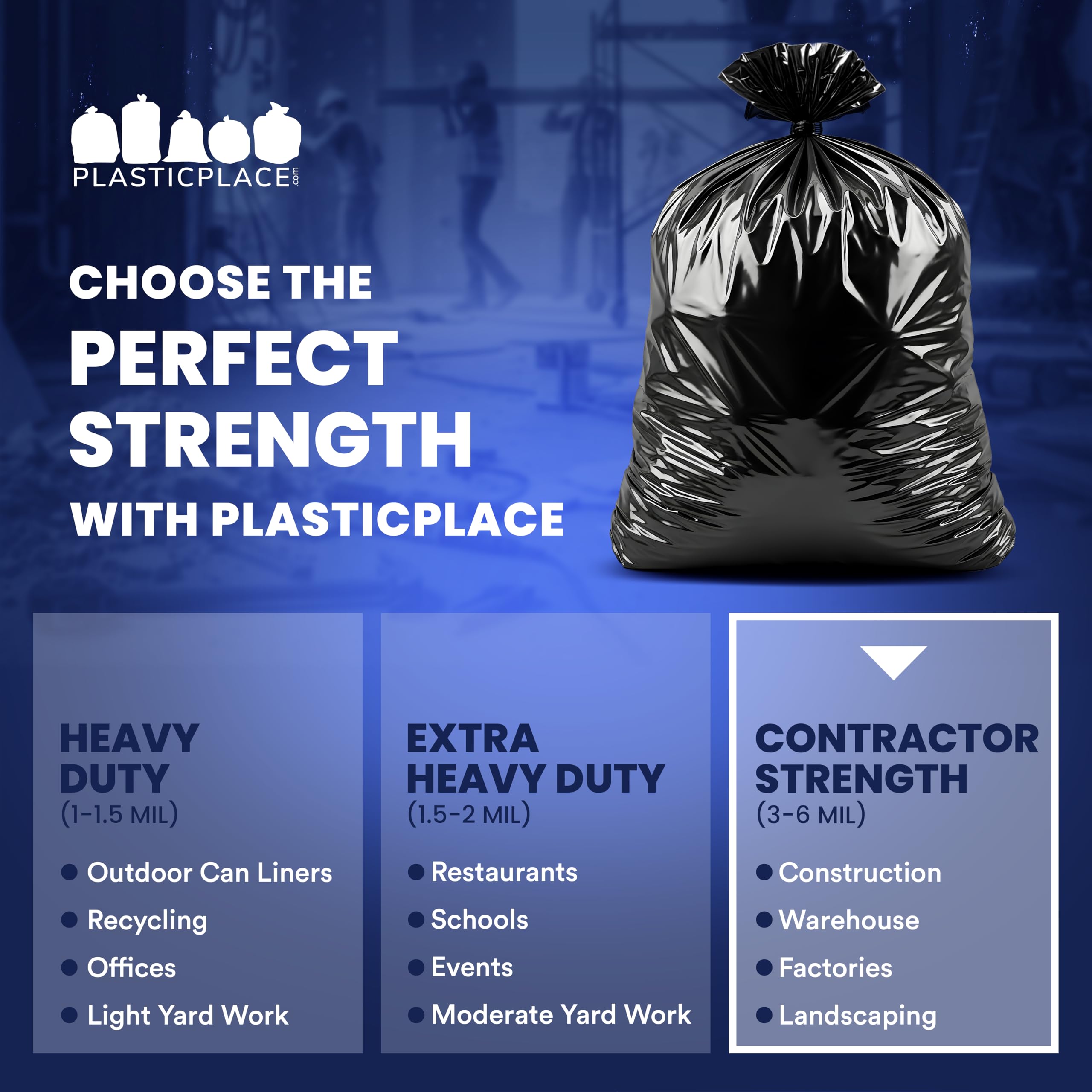 Plasticplace Bolsas de basura para contratistas de 55-60 galones, 6.0 mil, bolsa de basura negra resistente, 36 x 58 pulgadas (20 unidades) (CON55X620A)