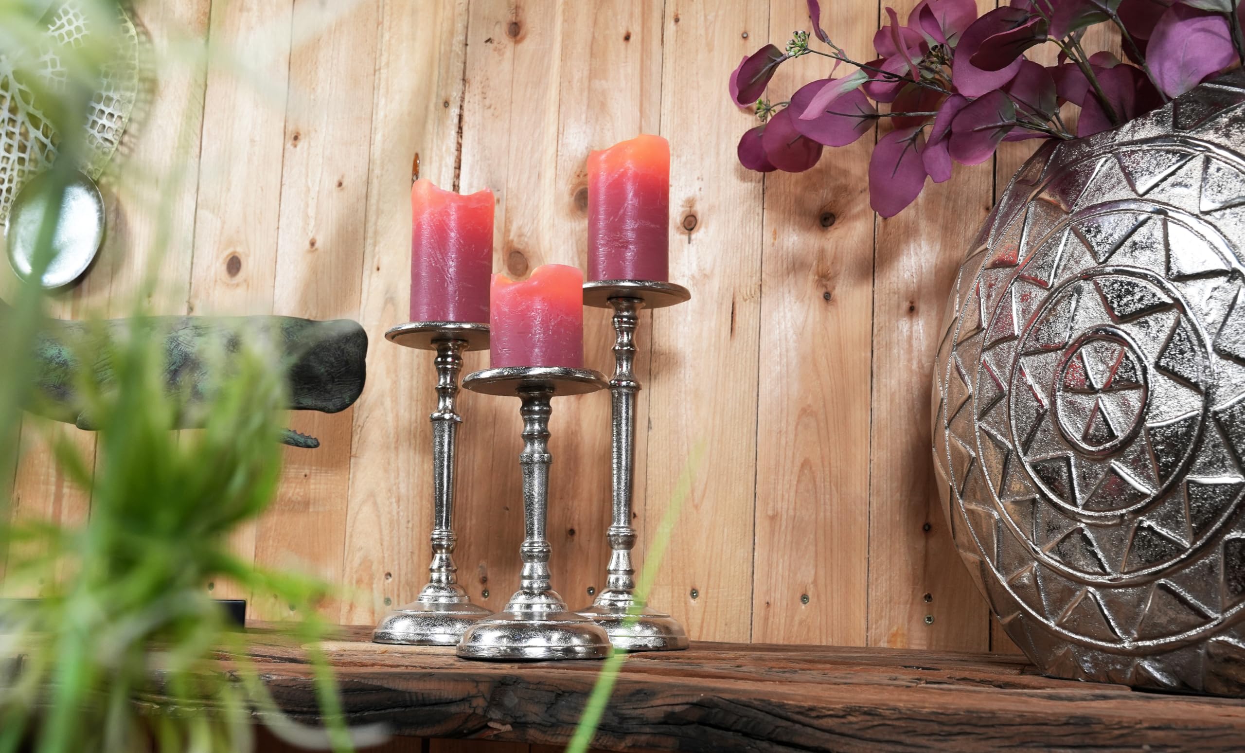 Set di 3 portacandele in metallo argentato, decorazione moderna per candele a pilastro, decorazione da tavolo, matrimonio, decorazione per soggiorno, altezza 20, 25 e 29 cm