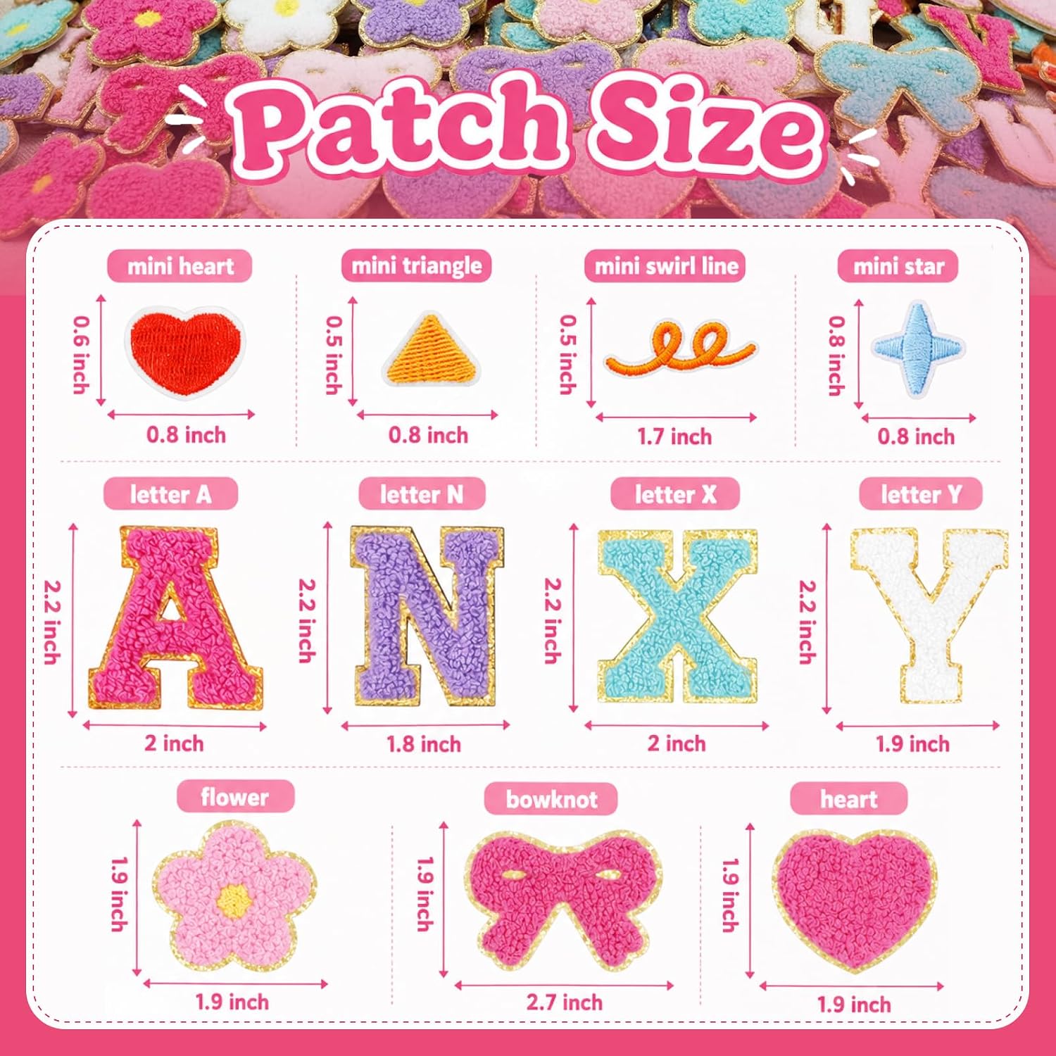 91 Pcs Chenille Patches Self Adhesive, Varsity Letter Patches | Cute Patches with Glitter Gold Edge, Flower, Bowknot and Heart Stick-on Patches for Backpacks, Jackets, Hats and Bags.