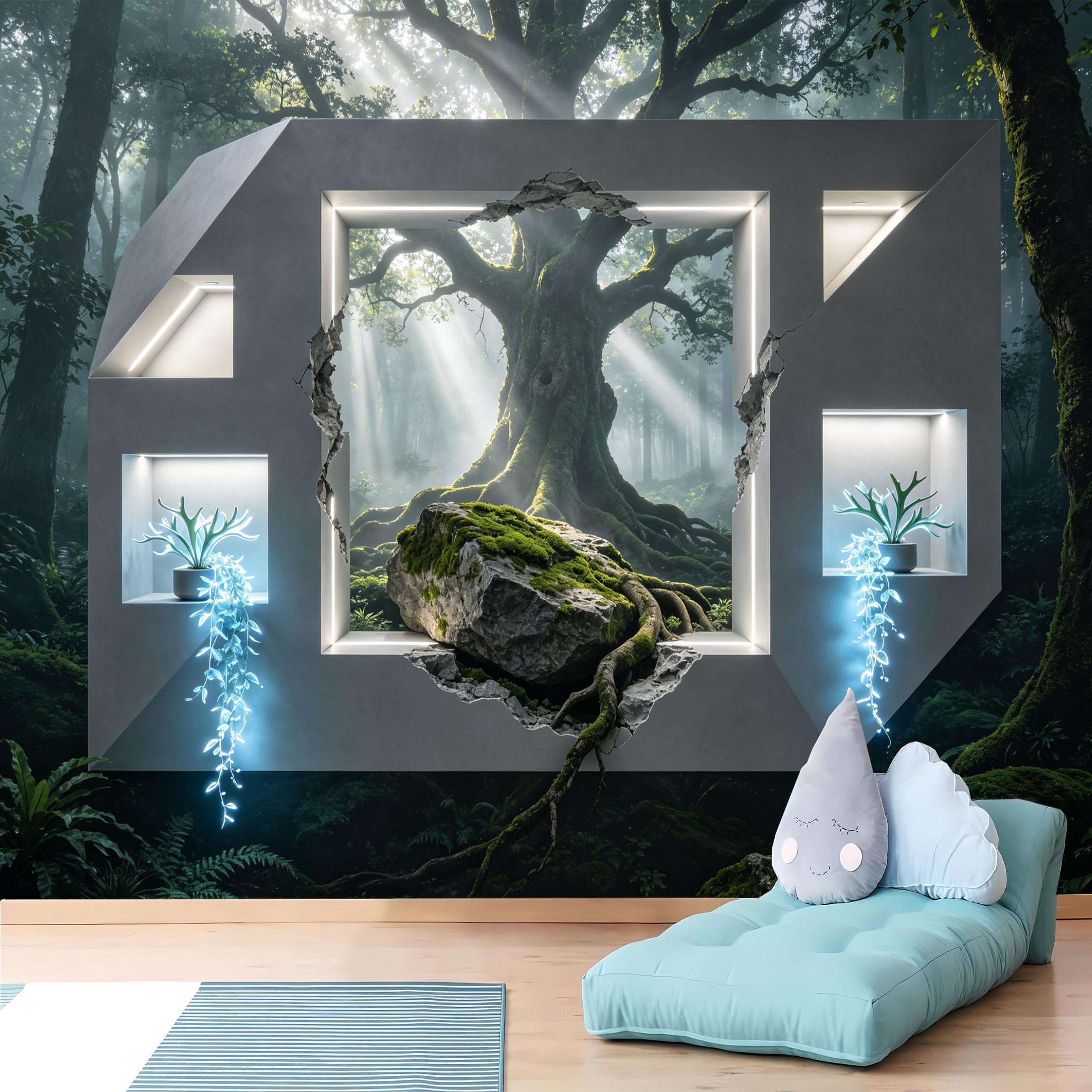 Custom Size Wall Murals 3D Grey Broken Wall Niche with Ancient Tree and Mossy Rock Wall Stickers Self-Adhesive Wall Fabric (NO PVC) Removable Wallpaper
