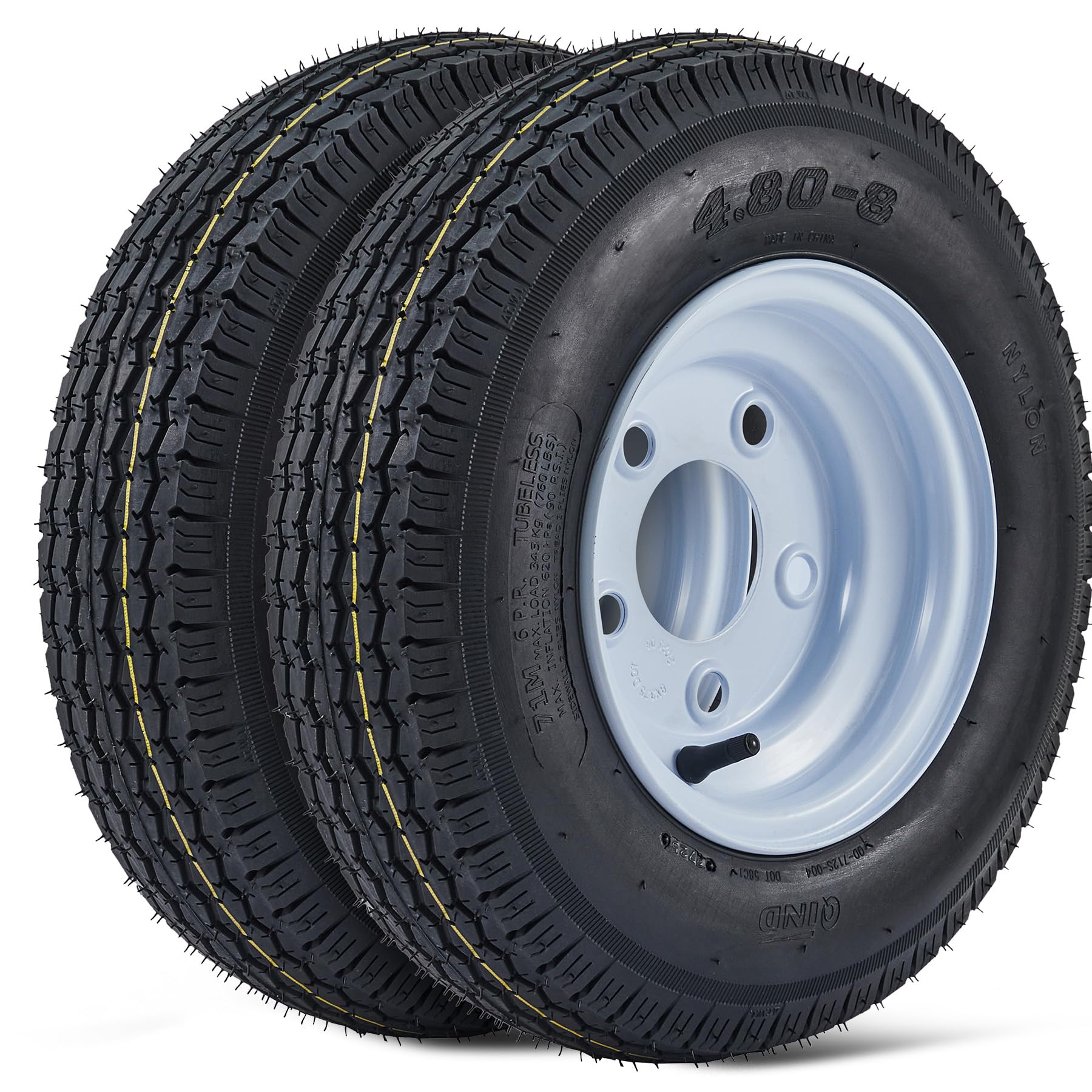 2 Pack 4.80-8 4.80x8 480-8 4.80-8 Trailer Tires with 8'' Rims, 5 Lug on 4.5'', Load Range C, 6PR