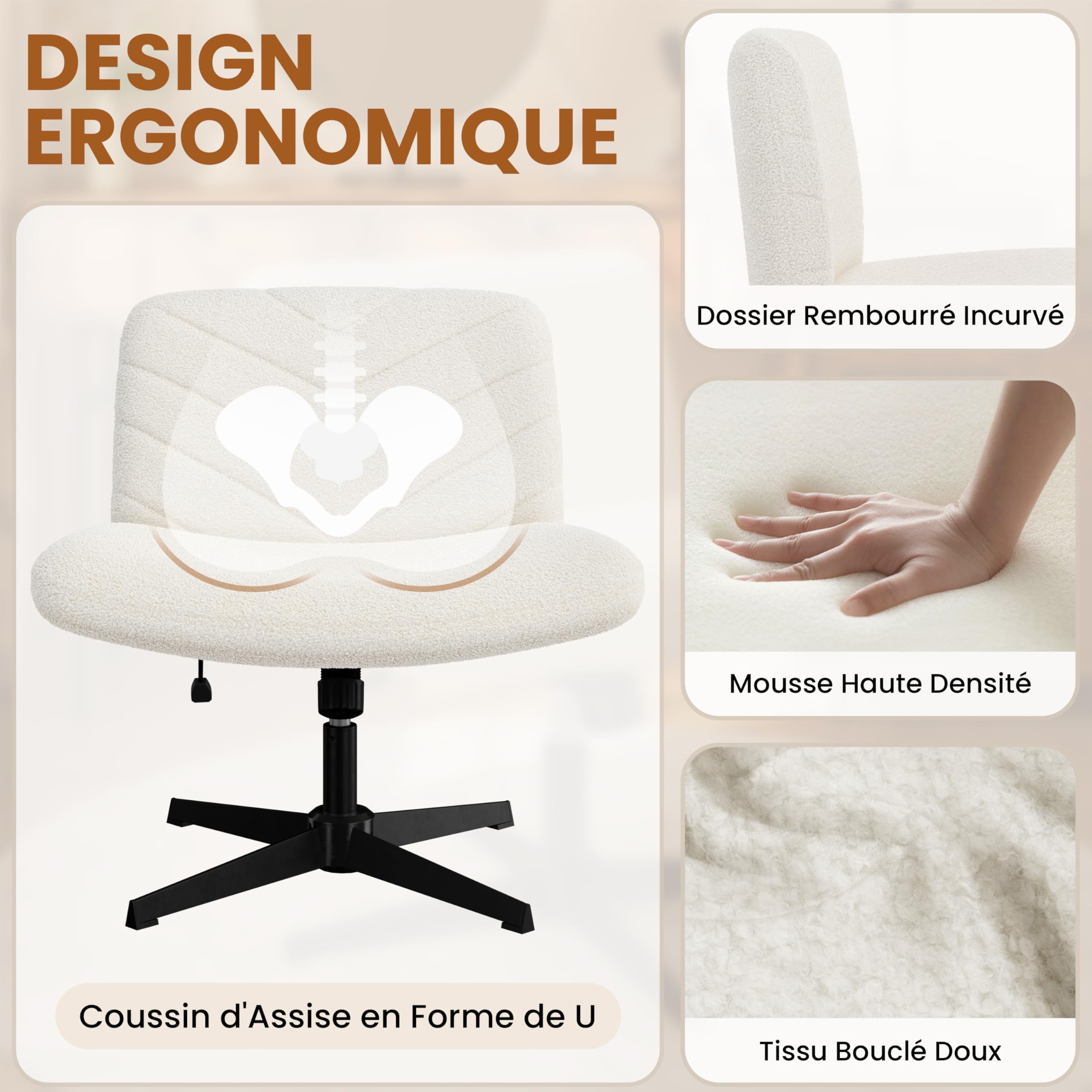 Yaheetech Chaise de Bureau sans roulettes, Fauteuil de Bureau sans Accoudoirs avec Large Assise, Fauteuil Pivotant en Tissu Bouclette, Chaise Réglable en Hauteur, pour Bureau Chambre, Ivoire