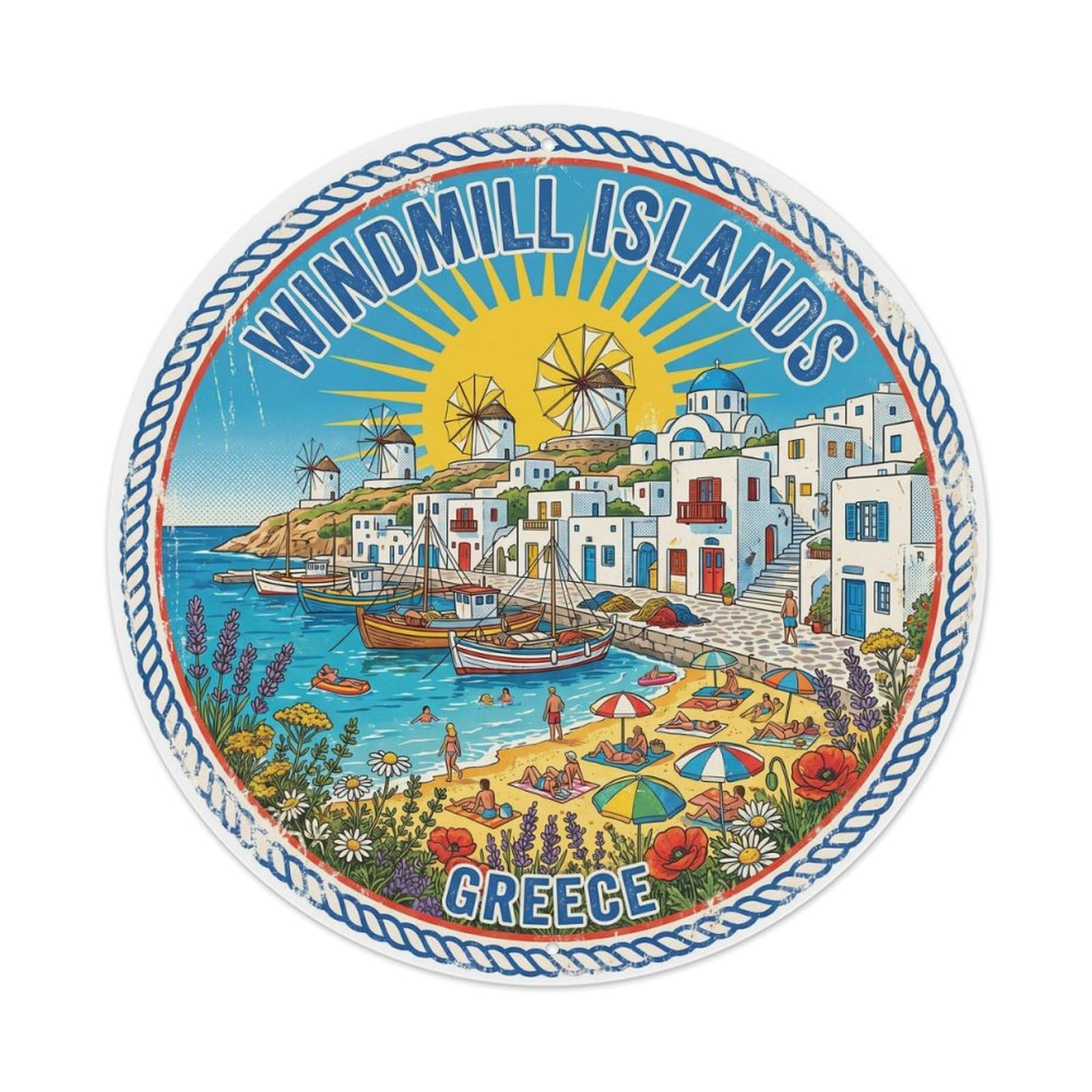 Vintage Travel Windmill Islands Greece Metal Tin Sign