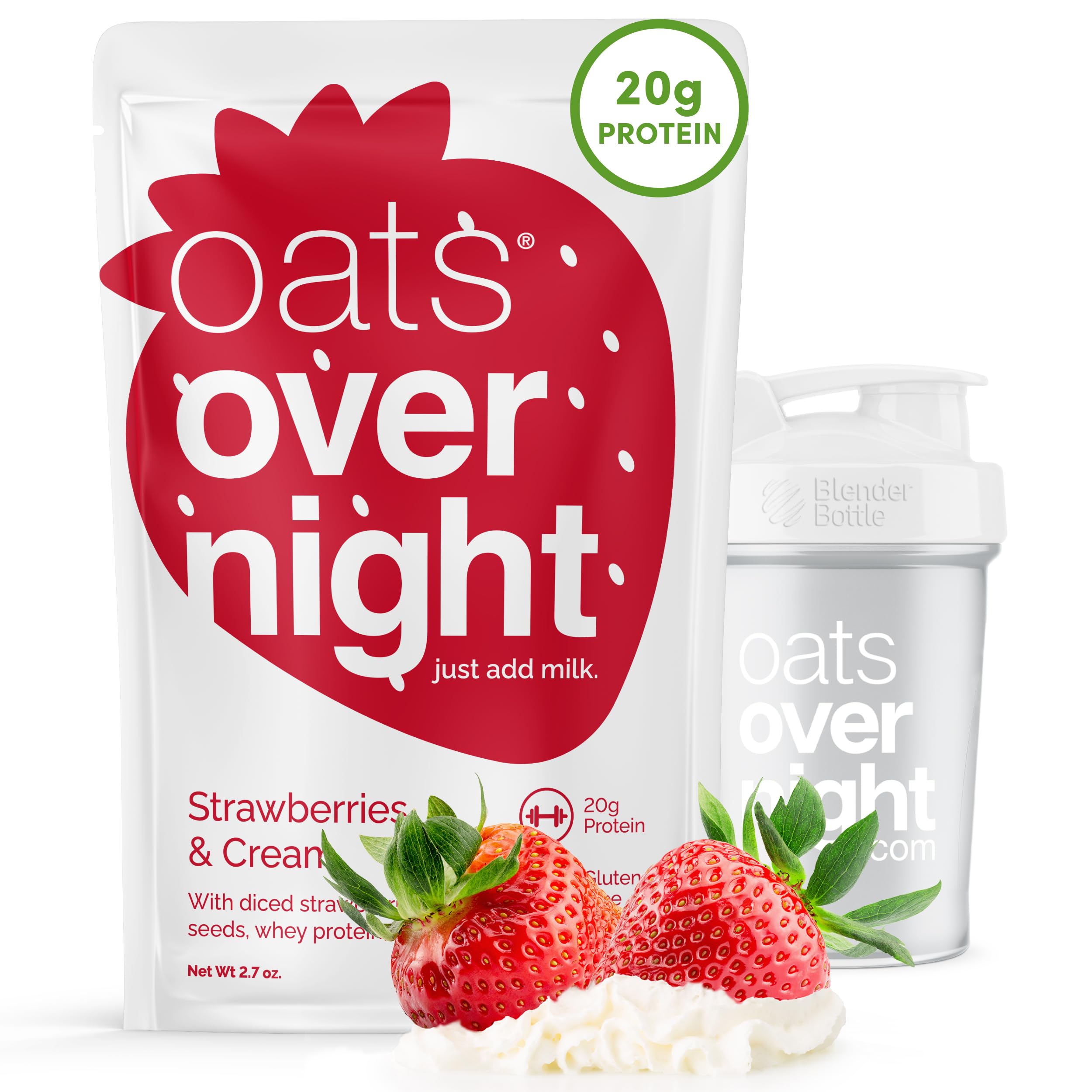 Oats OvernightStrawberries & Cream - 20g Protein, High Fiber Breakfast Shake - Gluten Free, Non GMO Oatmeal (2.7 oz per Meal) (8 Pack + Shaker Bottle)