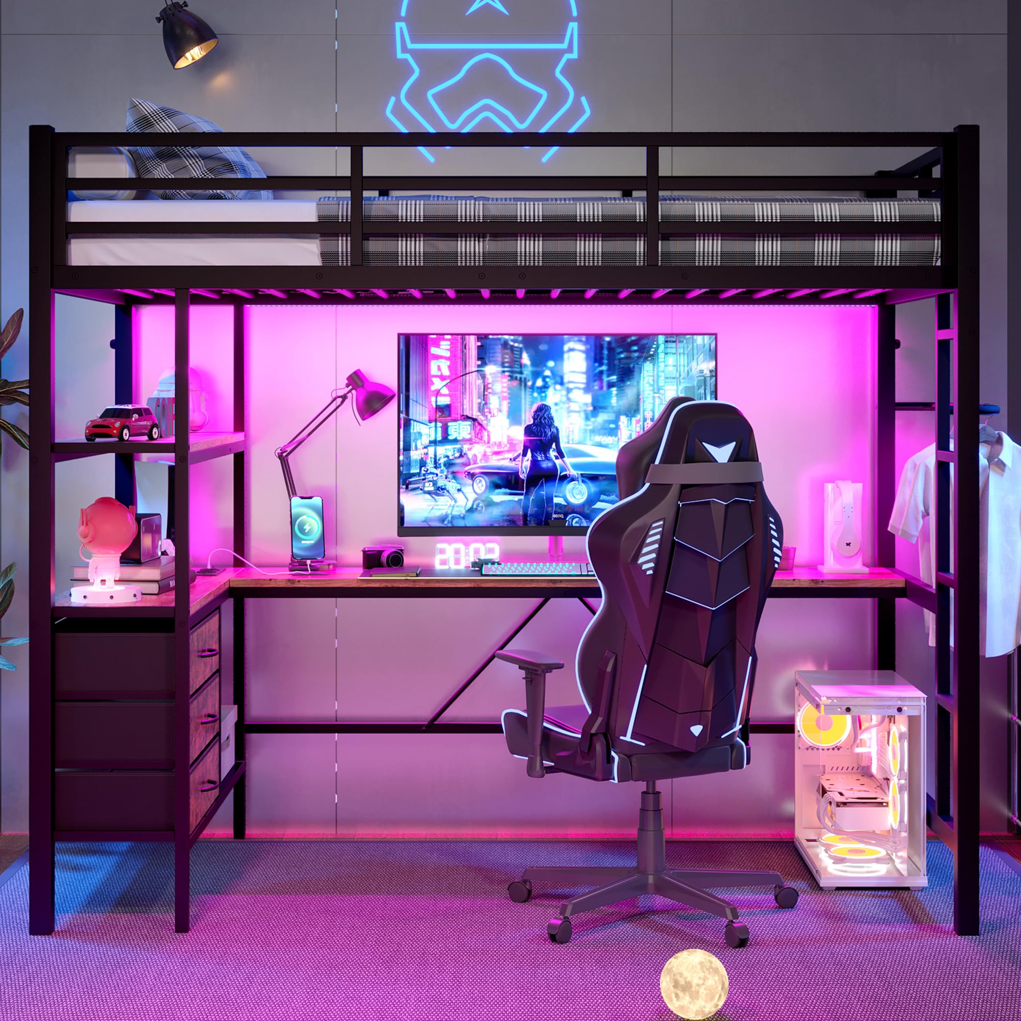 Sapgaks Lit Mezzanine Enfant 90x200cm avec éclairage LED et Bureau et Prise + USB,lit Mezzanine 1 Place avec 3 tiroirs,lit superposé Adulte étagères,Rampe,escalier,sans Matelas (Black 90 * 200cm)