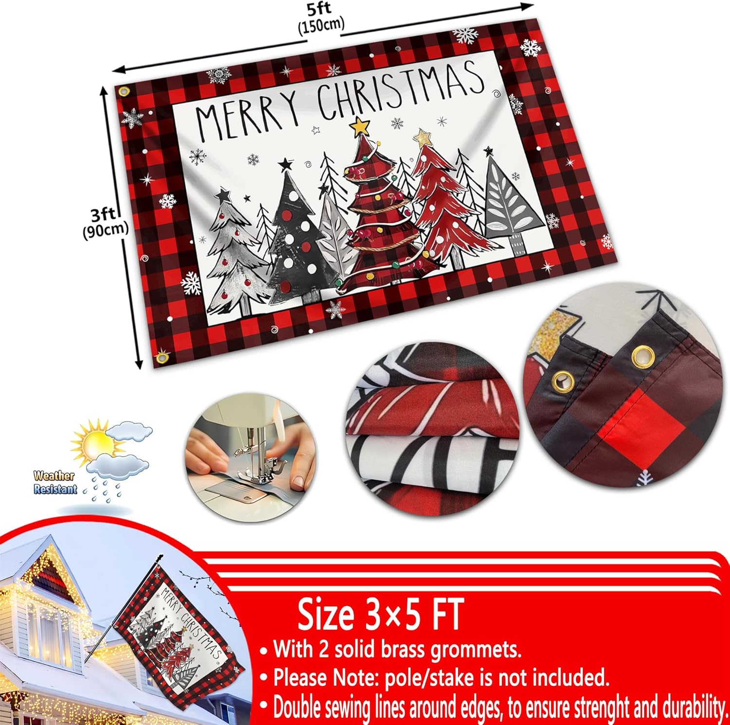 Merry Christmas Flag Outdoor 3x5 Ft Double Sided Winter Christmas Tree Flags Buffalo Plaid Christmas Flag for Outside Xmas House Indoor Yard Holiday Party Banners Decorations Gifts - Image 3