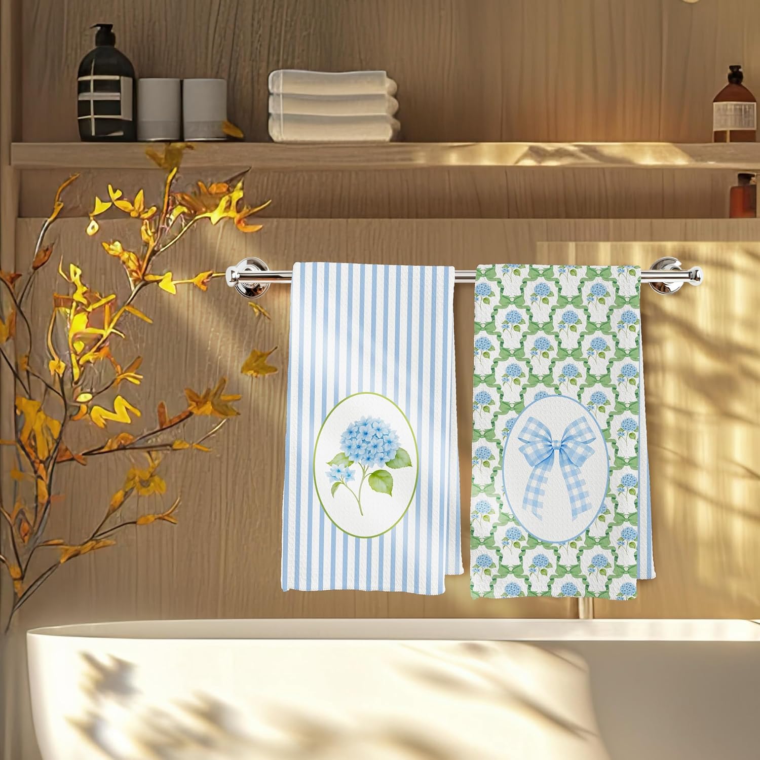 Coquette Bow Blue Hydrangea Floral Kitchen Towels, Cottagecore Botanical Dish Tea Towels, Preppy Bow Hydrangea Flower Decorative Hand Towel for Kitchen Bathroom, 16x24 Inch Set of 2 - Image 6