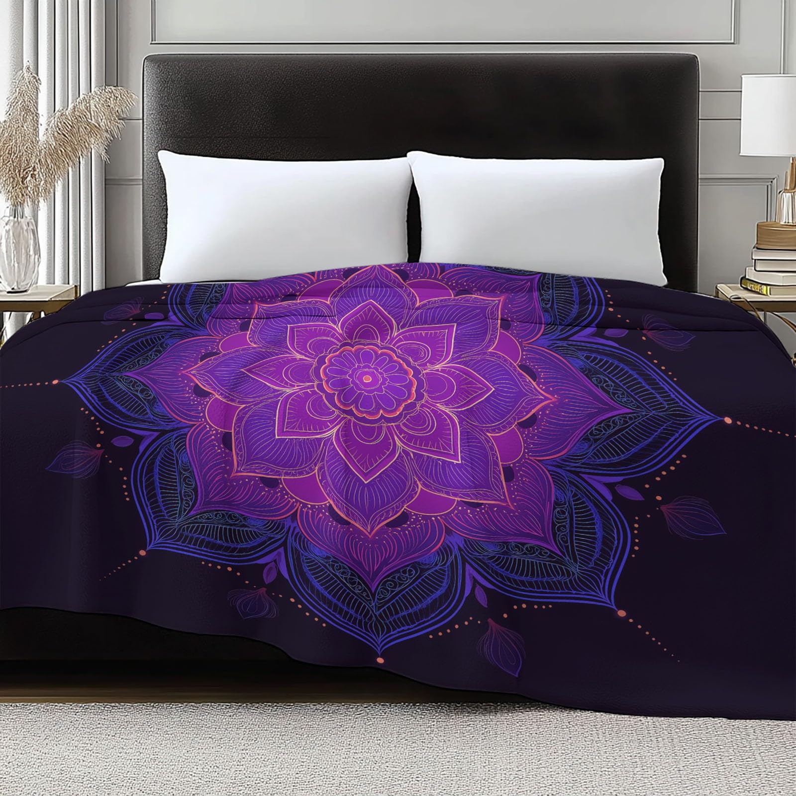 Miękki wełniany koc na łóżko sofa 150 x 200 cm mandala geometryczny koc szerpa, na jesień i zimę - ciemny flanelowy koc na wszystkie pory roku