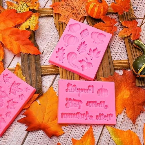 Miniatura 5 de Whaline Paquete de 3 moldes de fondant de otoño hojas de arce de calabaza de otoño moldes de silicona para hola otoño molde para hornear de
