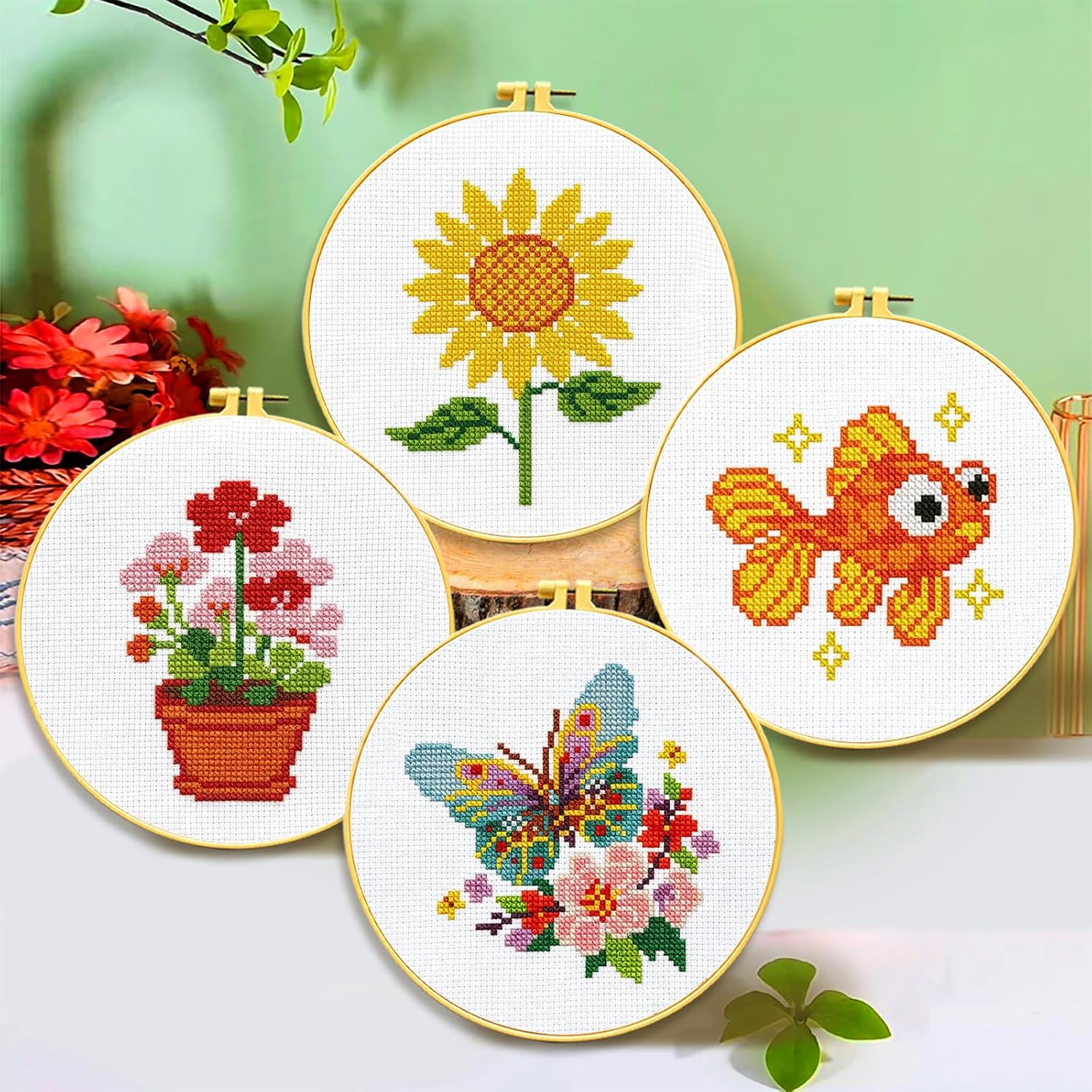 Zhenqing 4-Piece Cross Stitch Kit for Adults - Butterfly, Goldfish, Floral & Sunflower Designs | 7.87x7.87in 11CT Fabric with 16cm Hoop | Pre-Printed DIY Embroidery Set, Home Decor Gift 68127 image 2